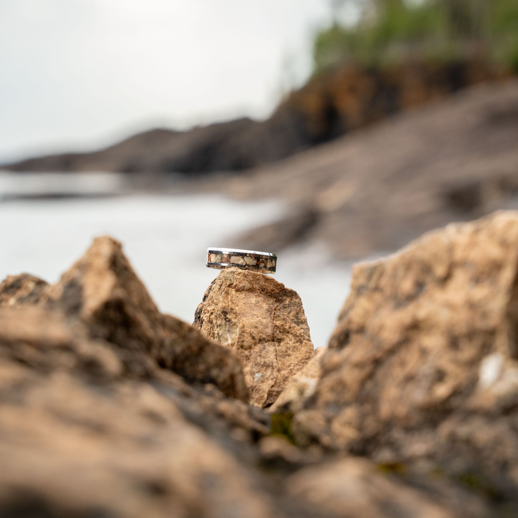 Beveled Tungsten Petoskey Stone & Keweenaw Copper Inlay Ring