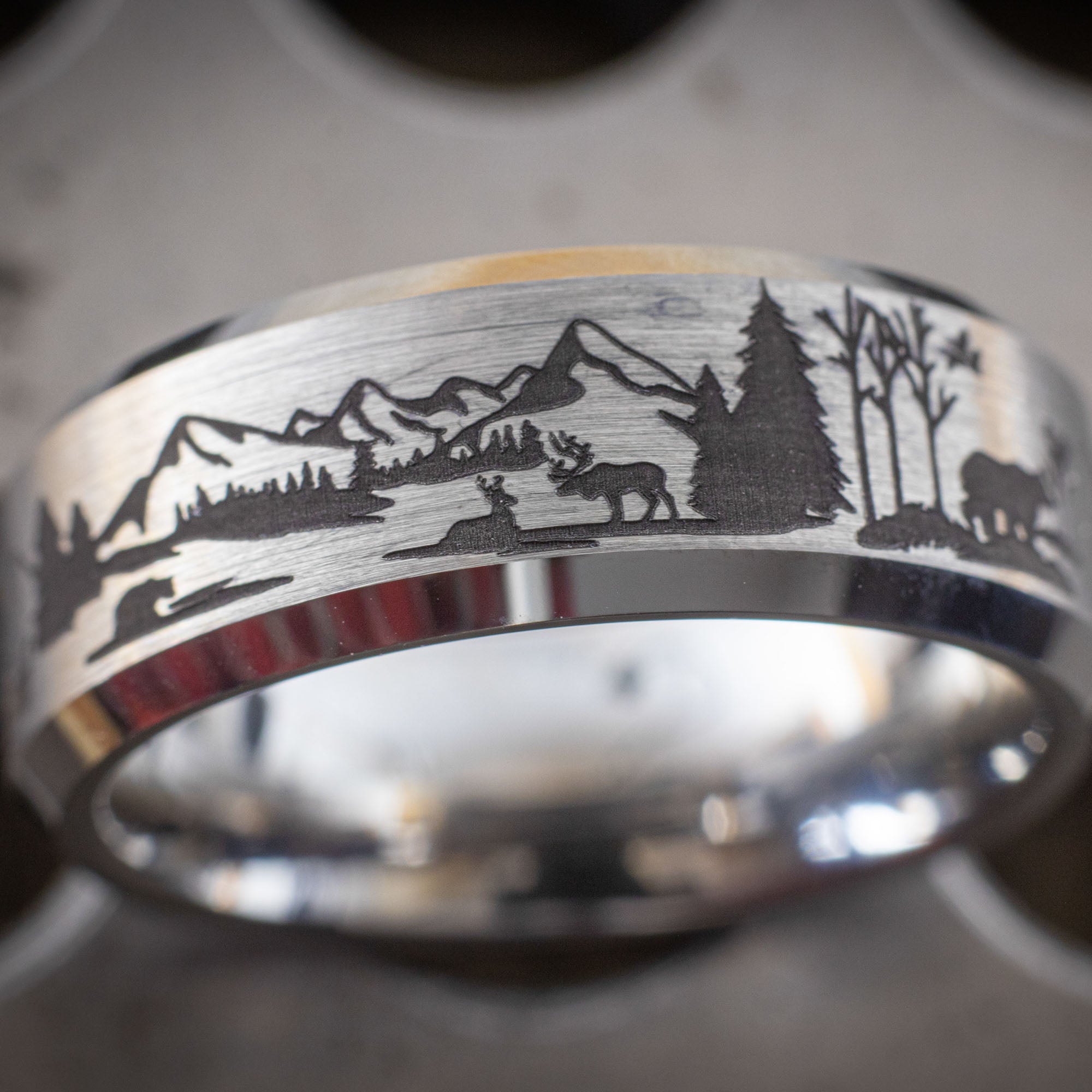 Beveled Tungsten Engraved Range Wildlife Ring