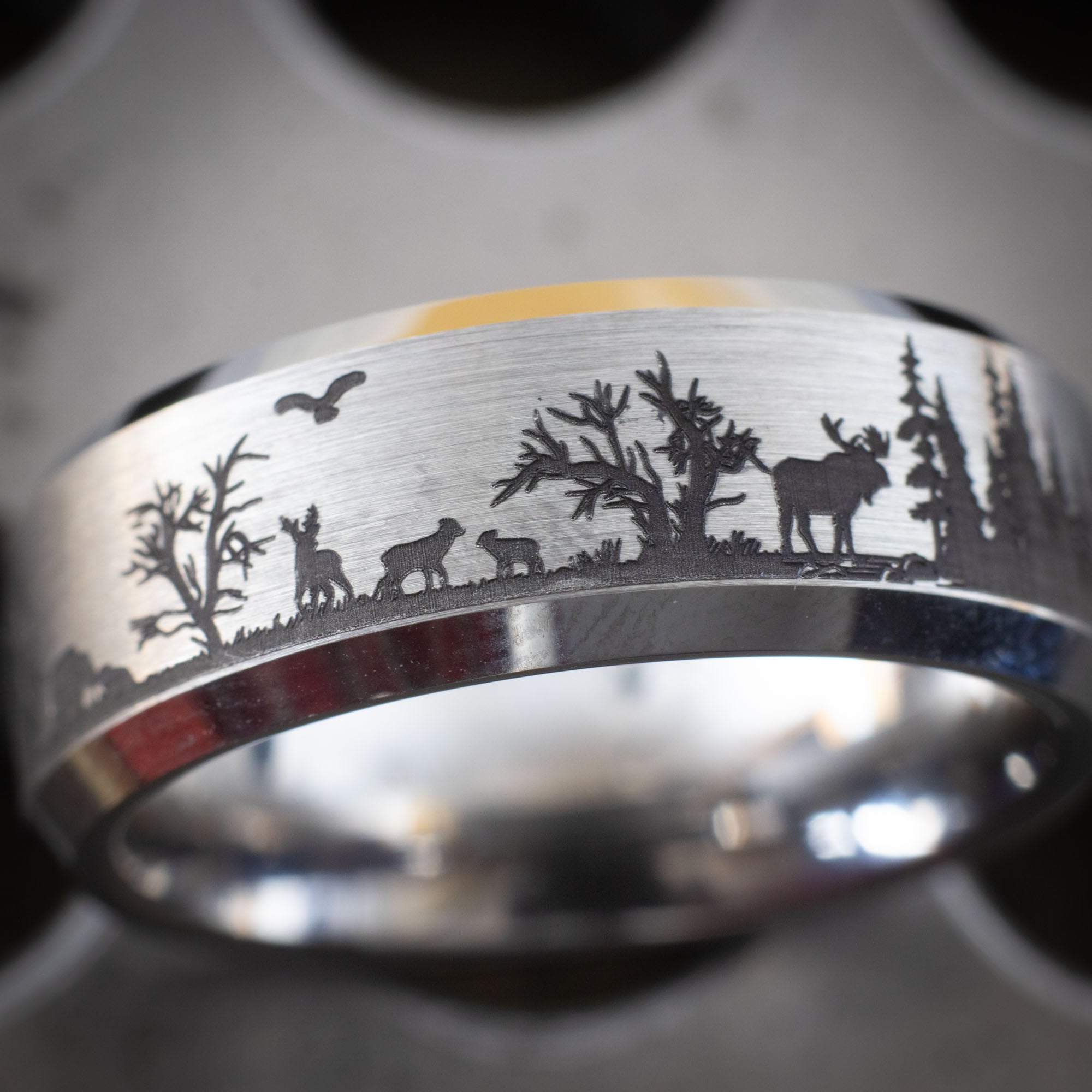 Beveled Tungsten Engraved Range Wildlife Ring