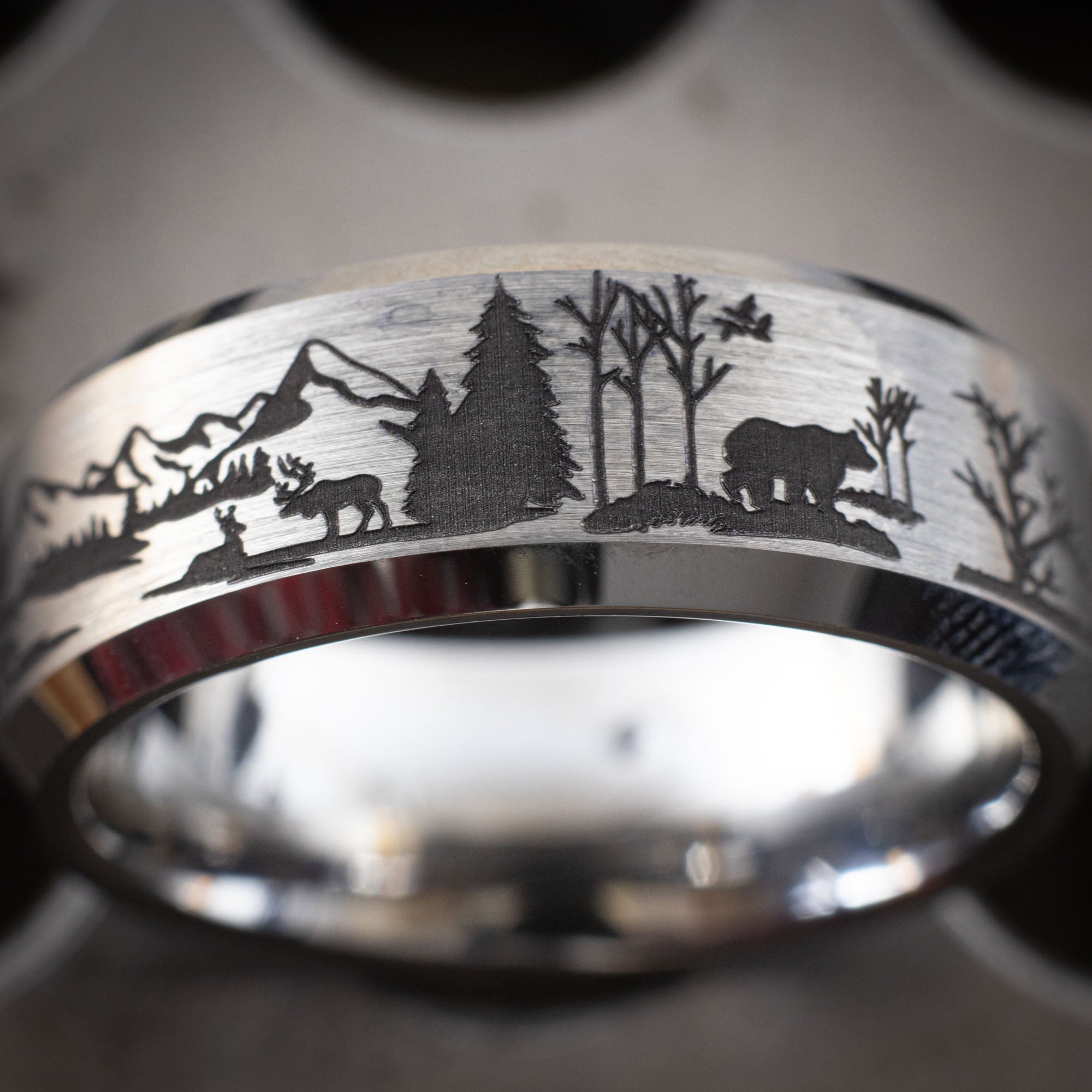 Beveled Tungsten Engraved Range Wildlife Ring