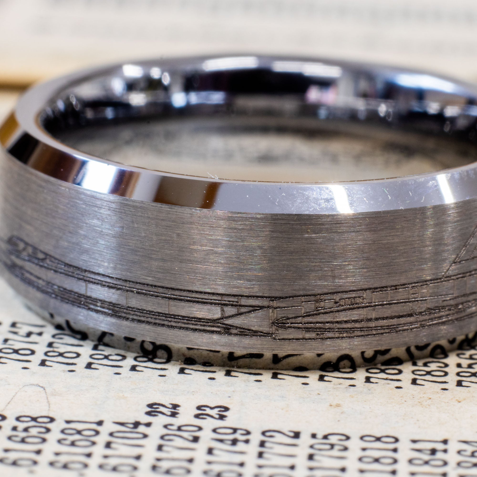 Beveled Tungsten Engraved SR71 Blackbird Ring