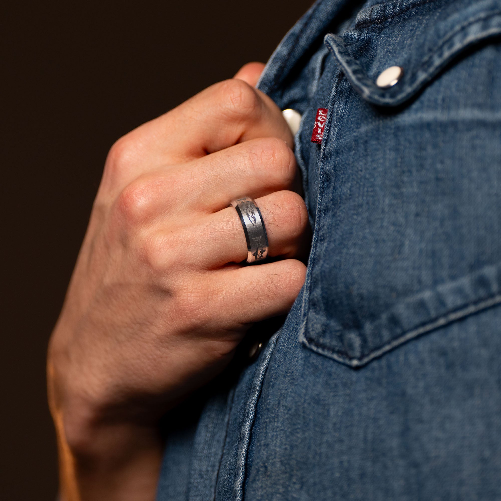 Beveled Tungsten Engraved Salmon Ring