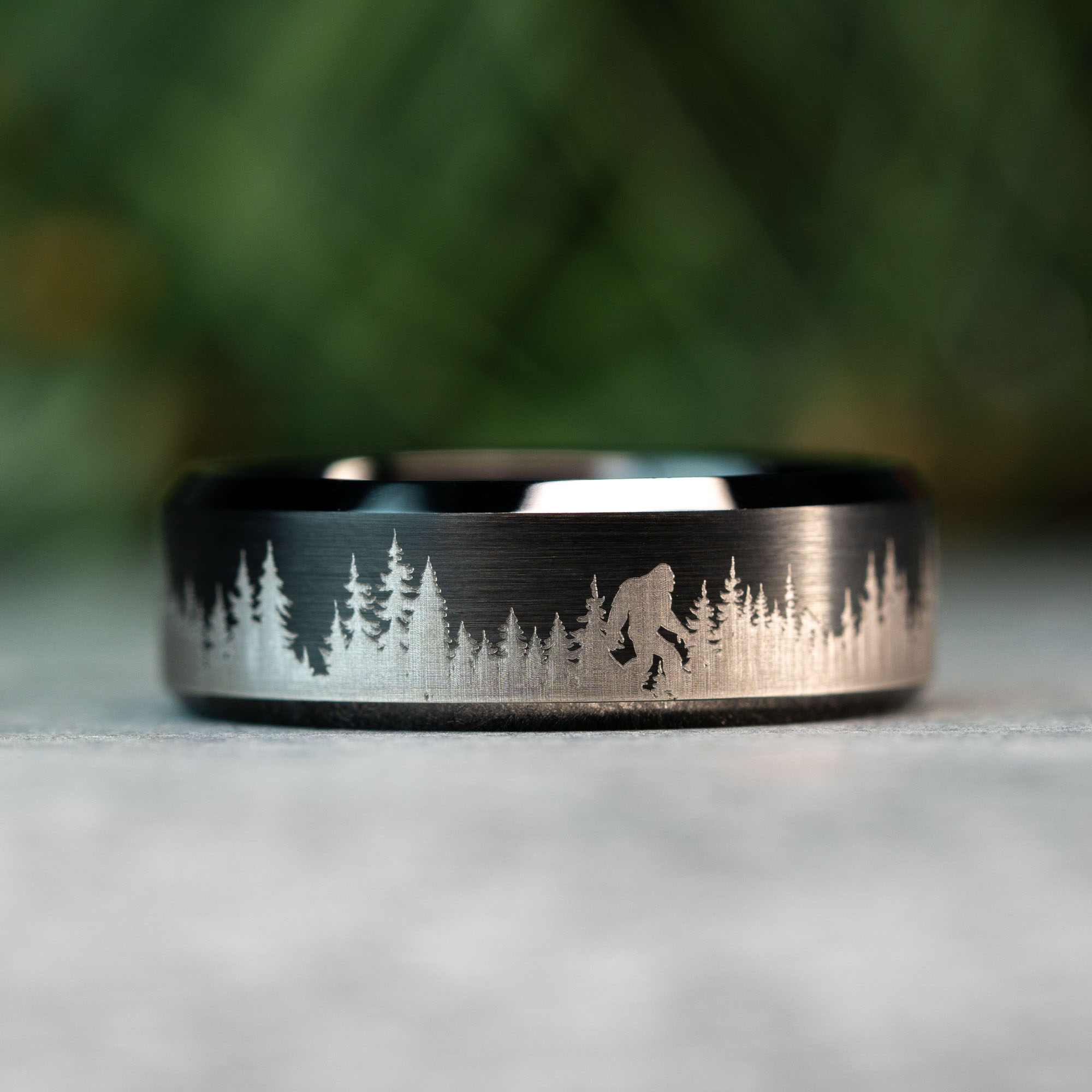Black Beveled Tungsten Engraved Sasquatch Sighting Ring