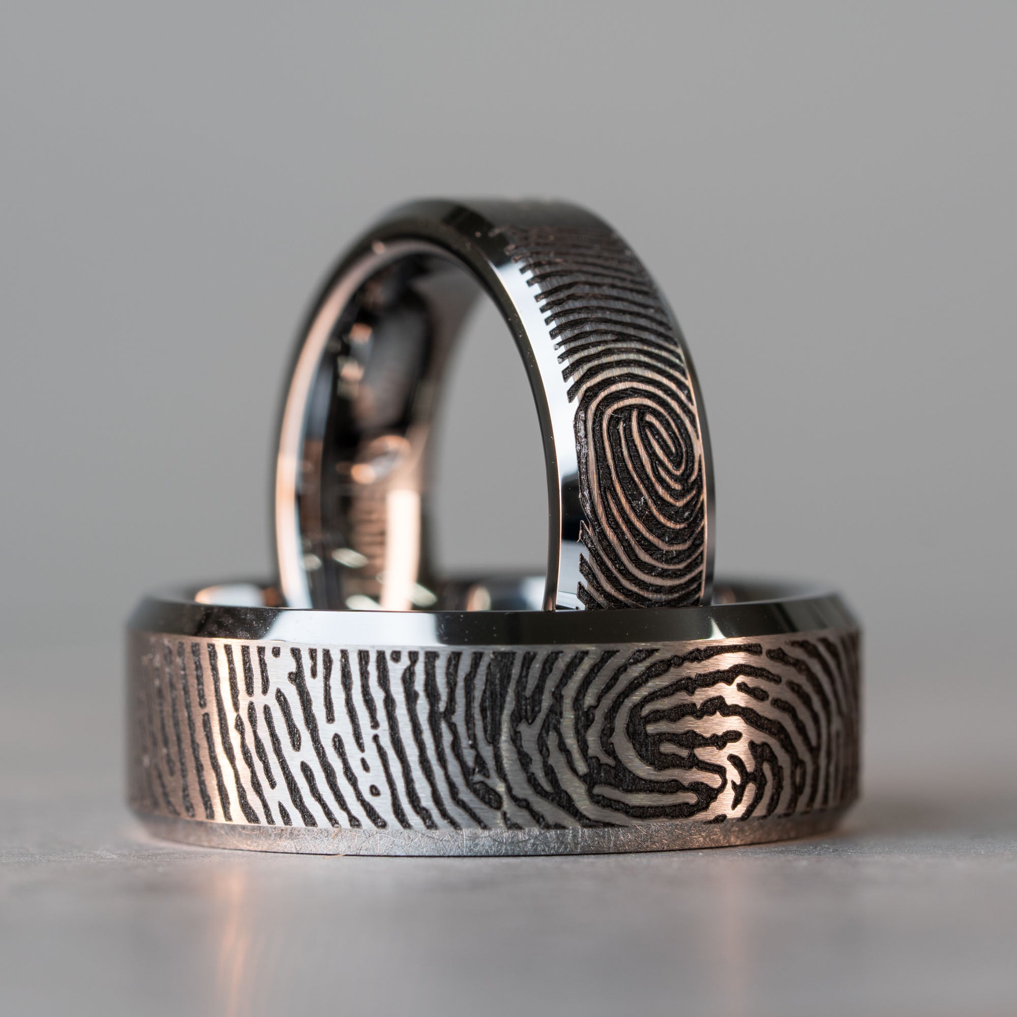 Beveled Tungsten Engraved Custom Finger Print Ring