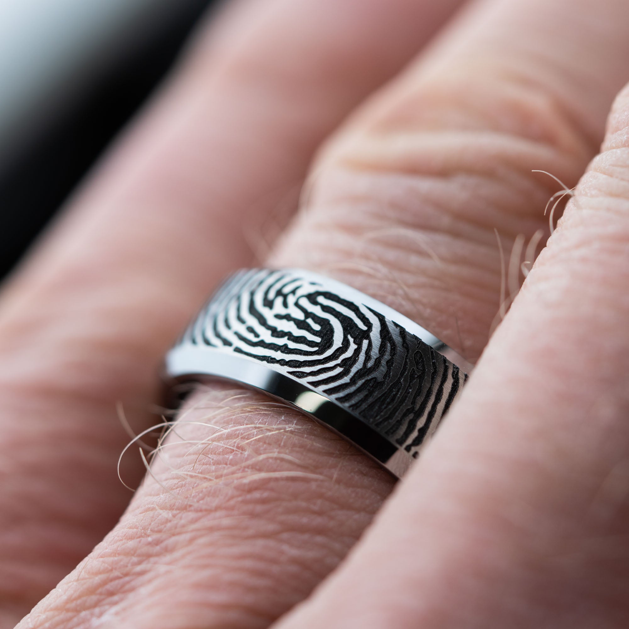 Beveled Tungsten Engraved Custom Finger Print Ring