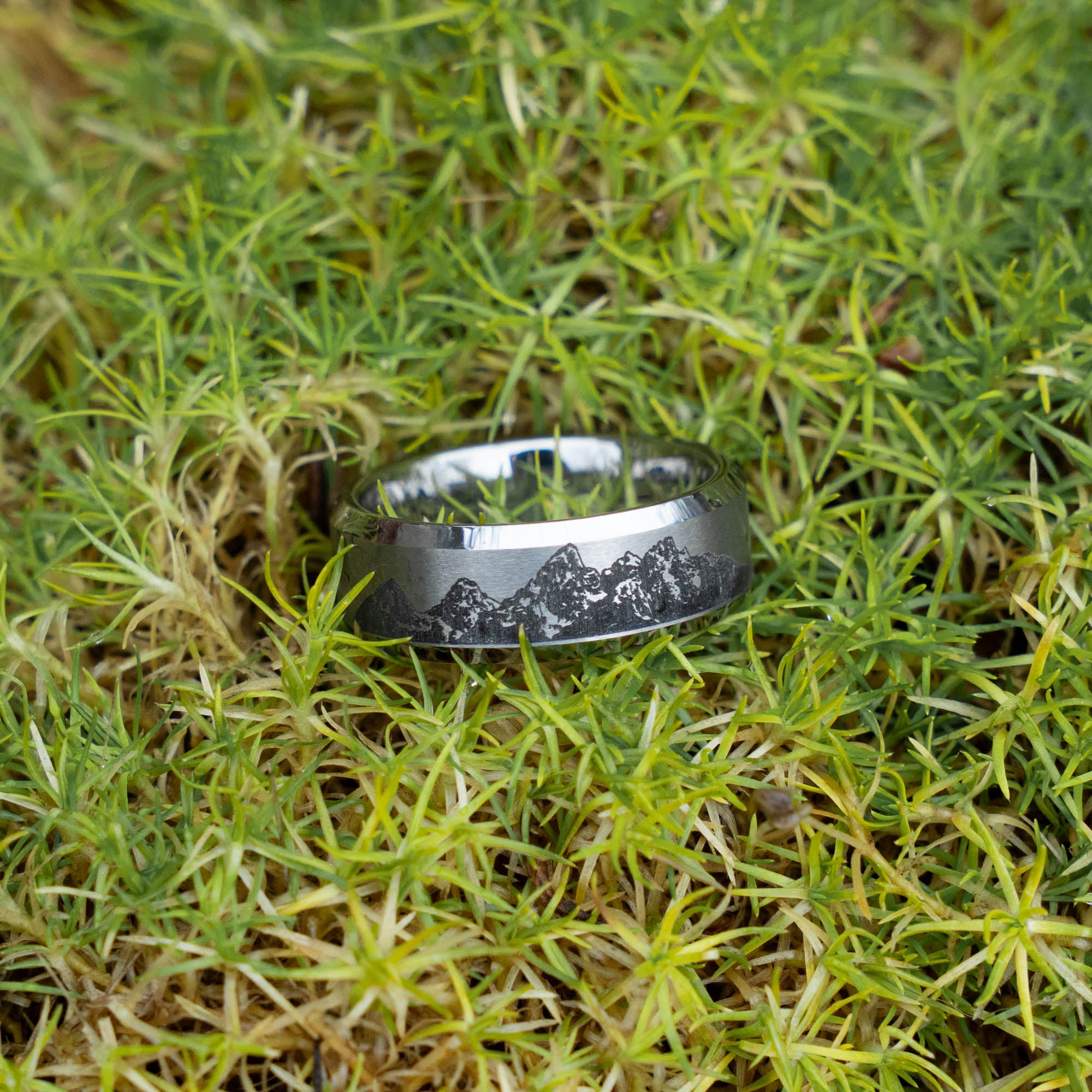 Beveled Tungsten Engraved Grand Tetons Ring