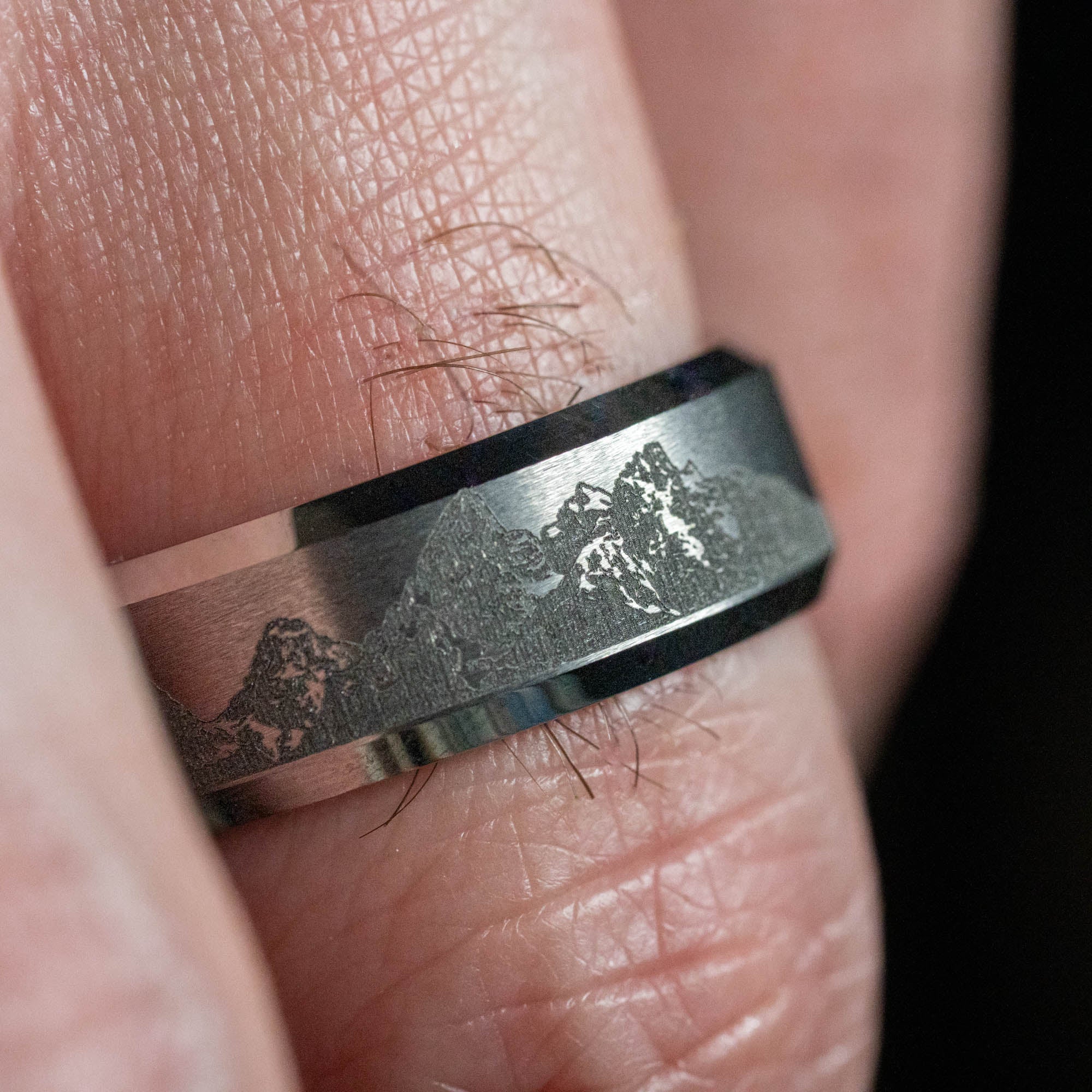 Beveled Tungsten Engraved Grand Tetons Ring