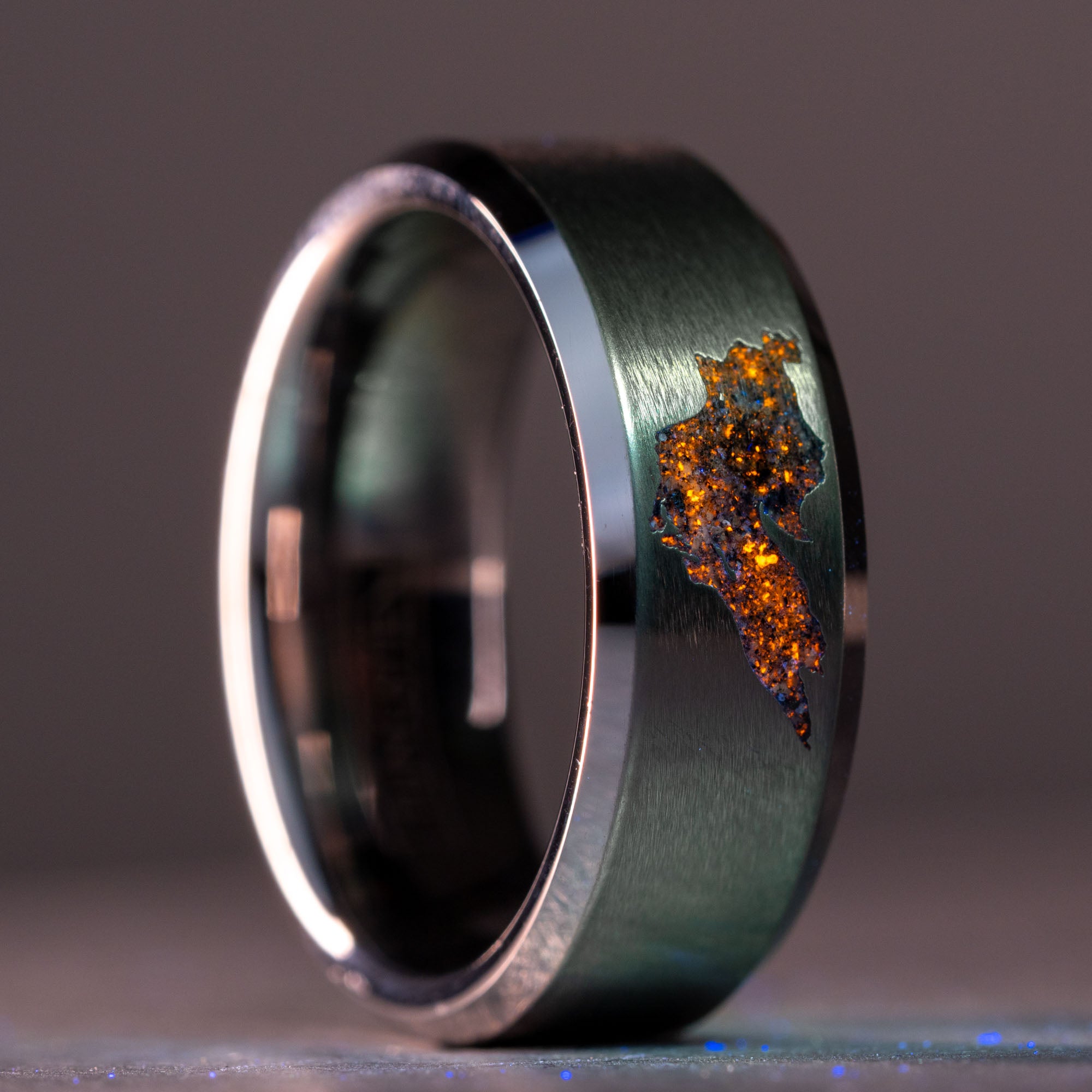 Beveled Tungsten Lake Superior Yooper Glow Stone Inlay Ring