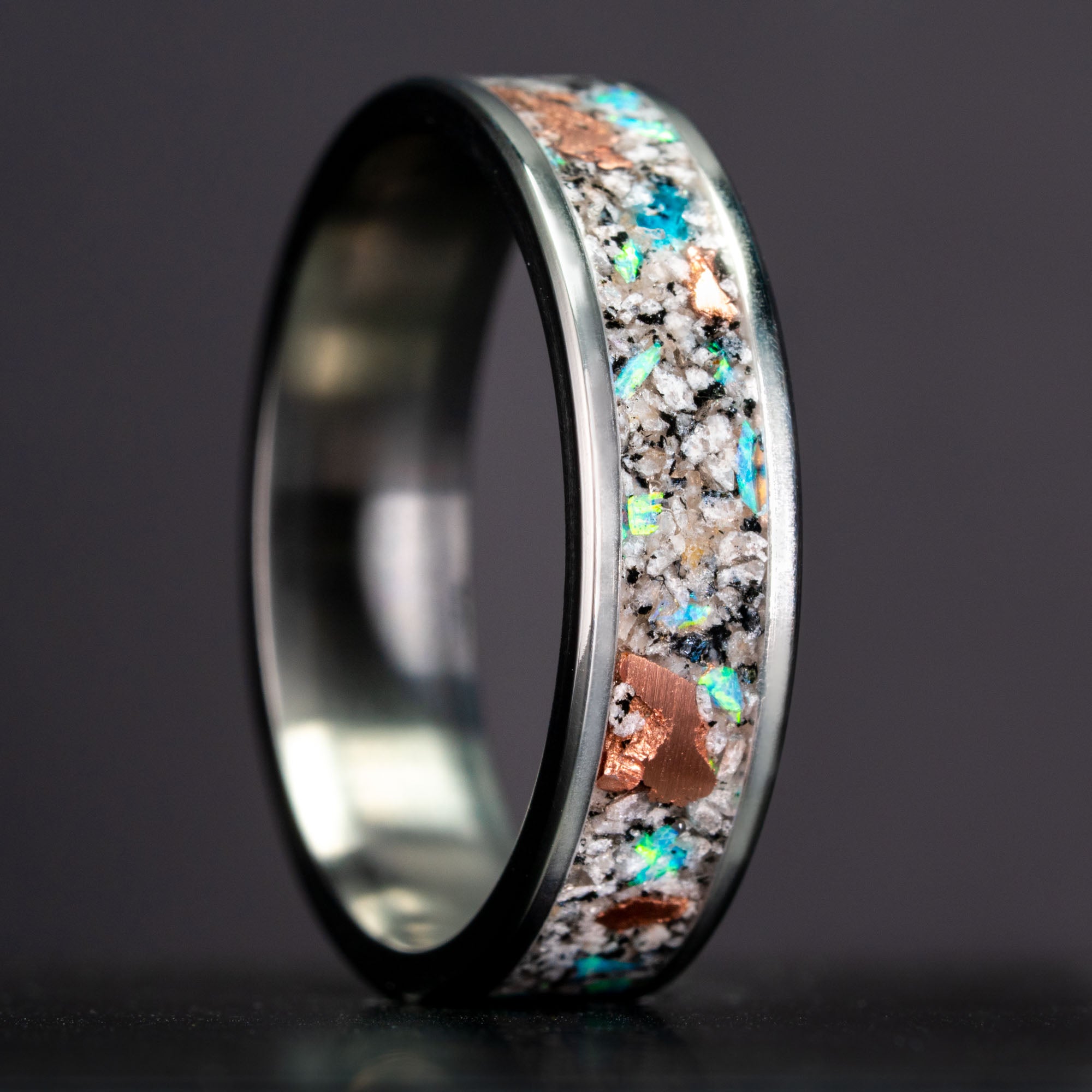 Titanium Yooper Glow Stone Copper & Opal Inlay Ring