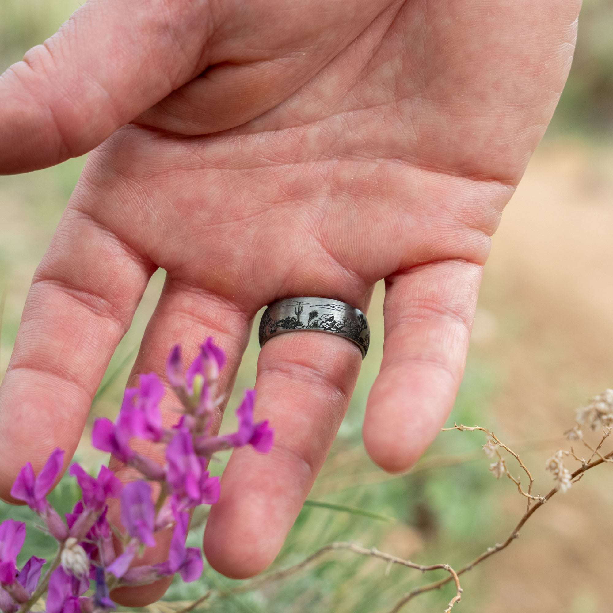 Domed Tungsten Engraved Joshua Tree National Park Ring