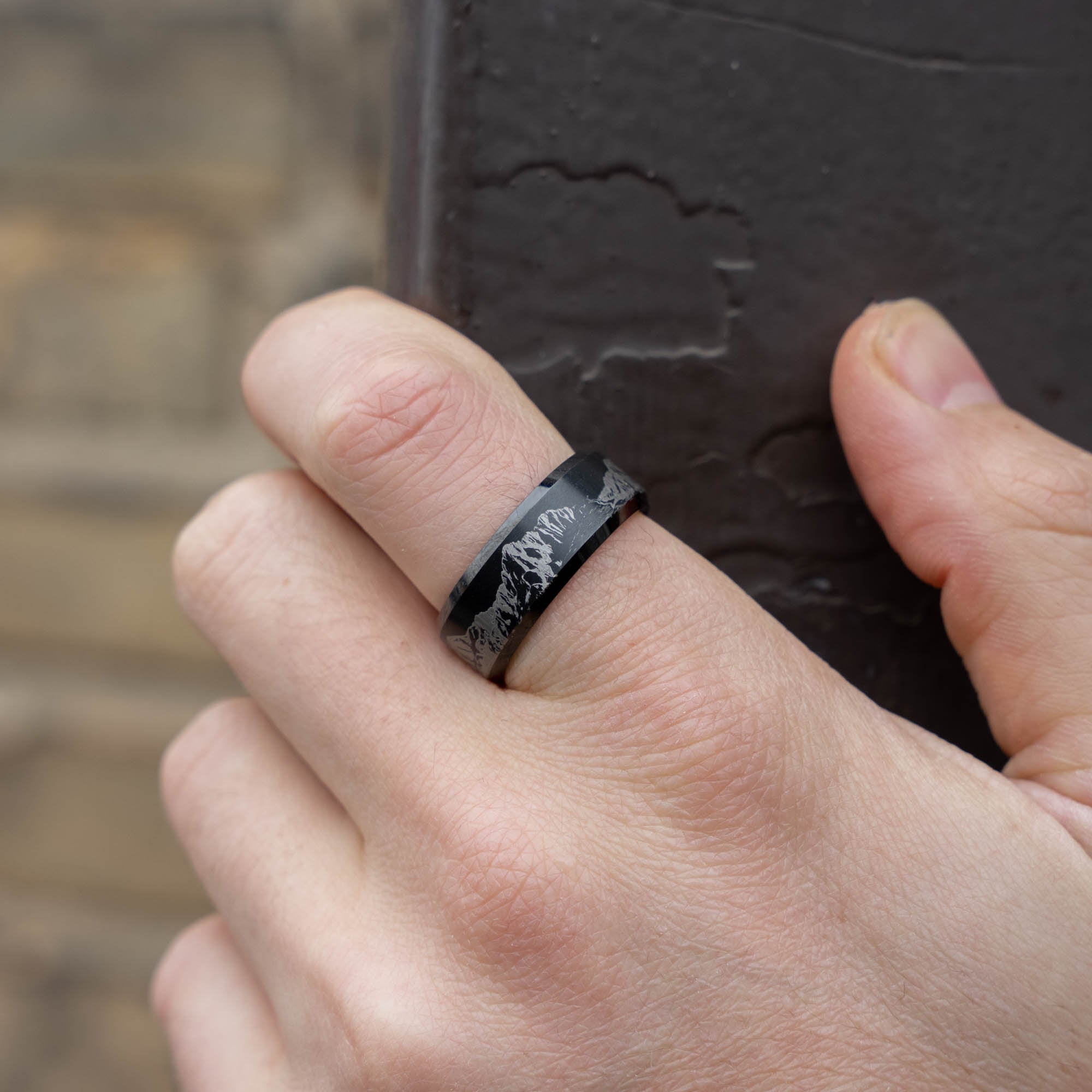 Black Beveled Tungsten Engraved Colorado 14er Ring