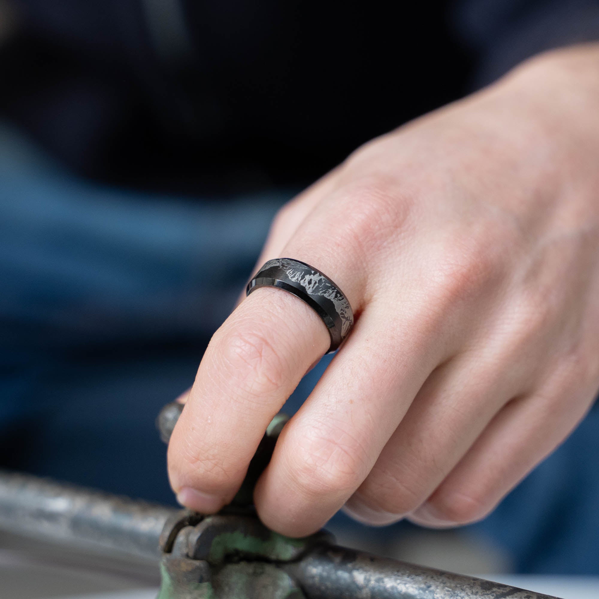 Black Beveled Tungsten Engraved Colorado 14er Ring