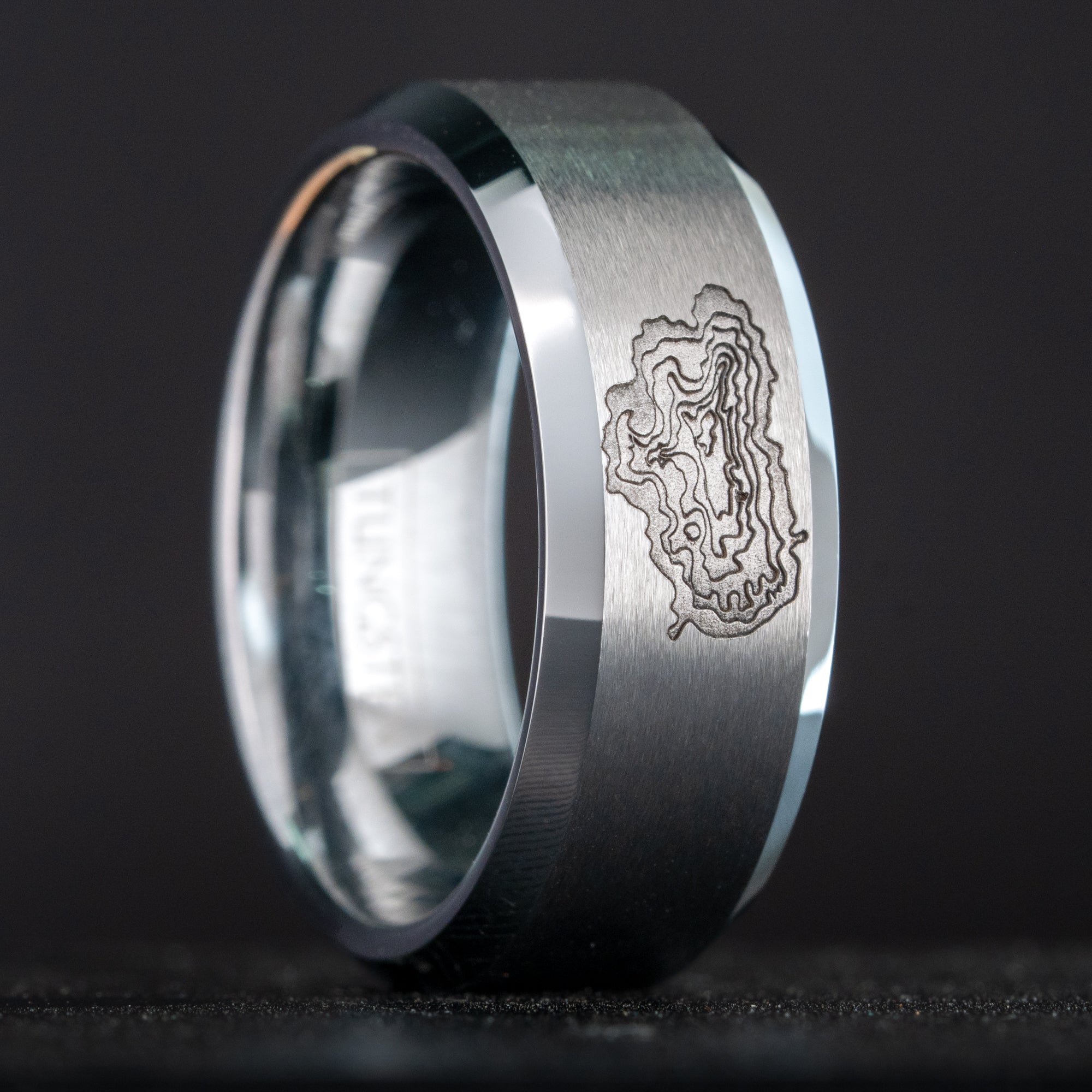 Beveled Tungsten Deep Engraved Lake Tahoe Depths Ring