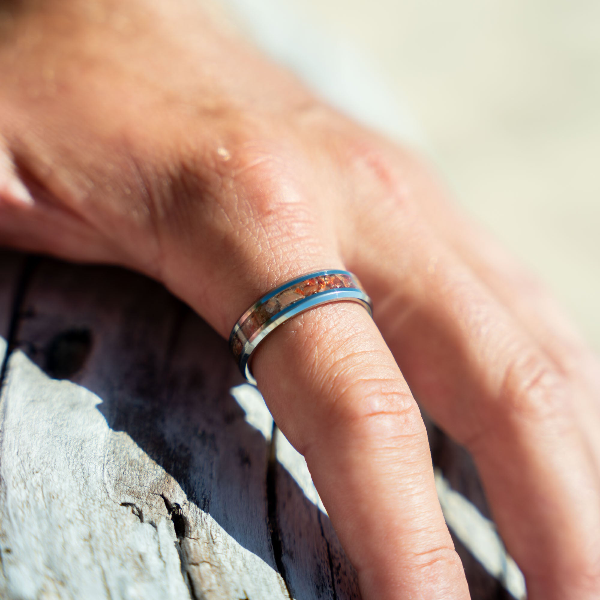 Beveled Tungsten Lake Superior Agate Inlay Ring