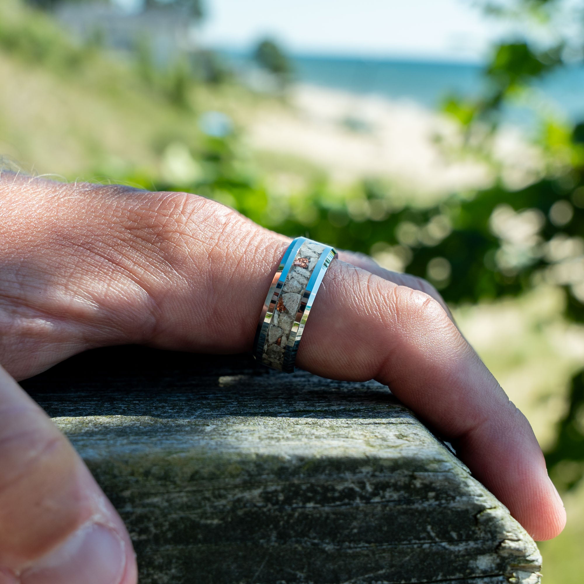Beveled Tungsten Petoskey Stone & Keweenaw Copper Inlay Ring