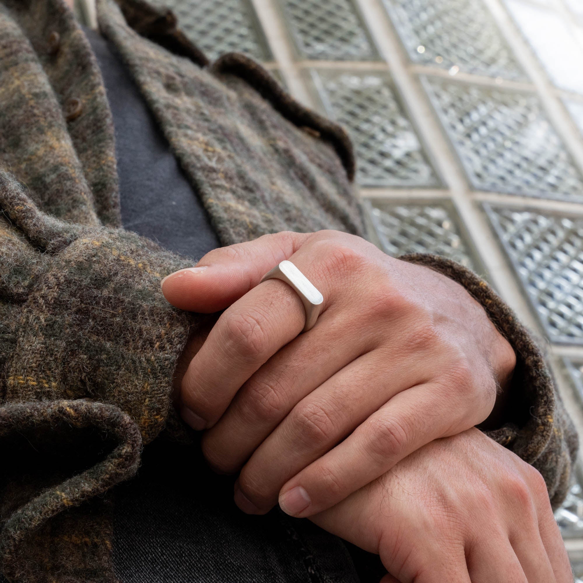Brushed Silver Rectangular Signet Ring