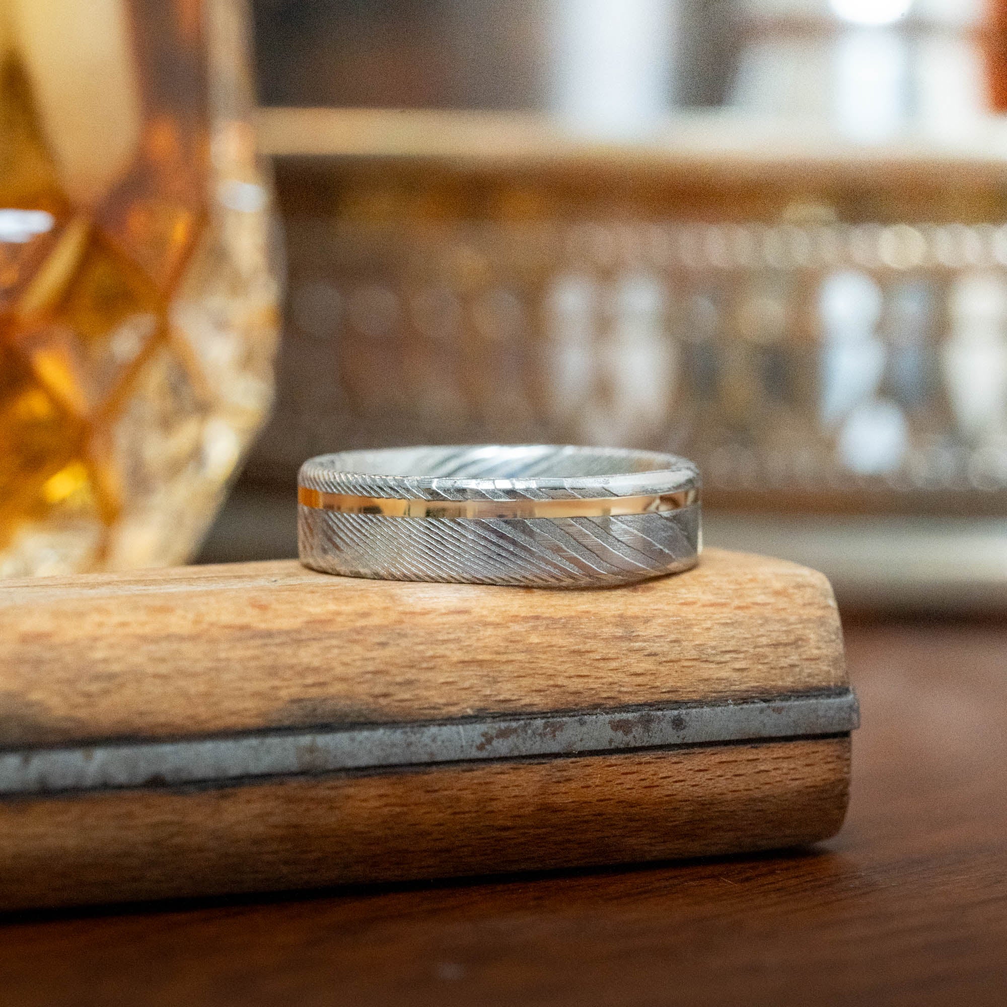 Stainless Damascus Offset Vertical Gold Inlay Ring
