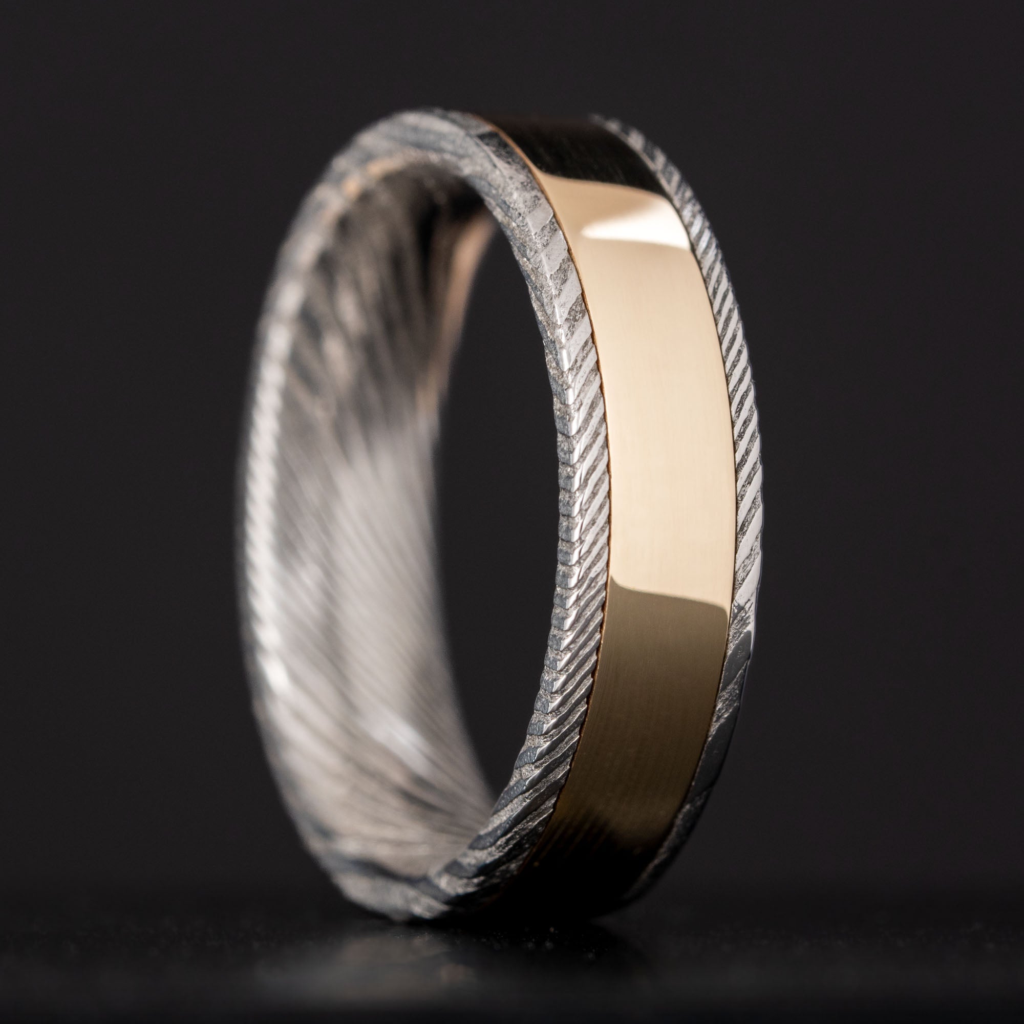 Stainless Damascus Wide Gold Inlay Ring