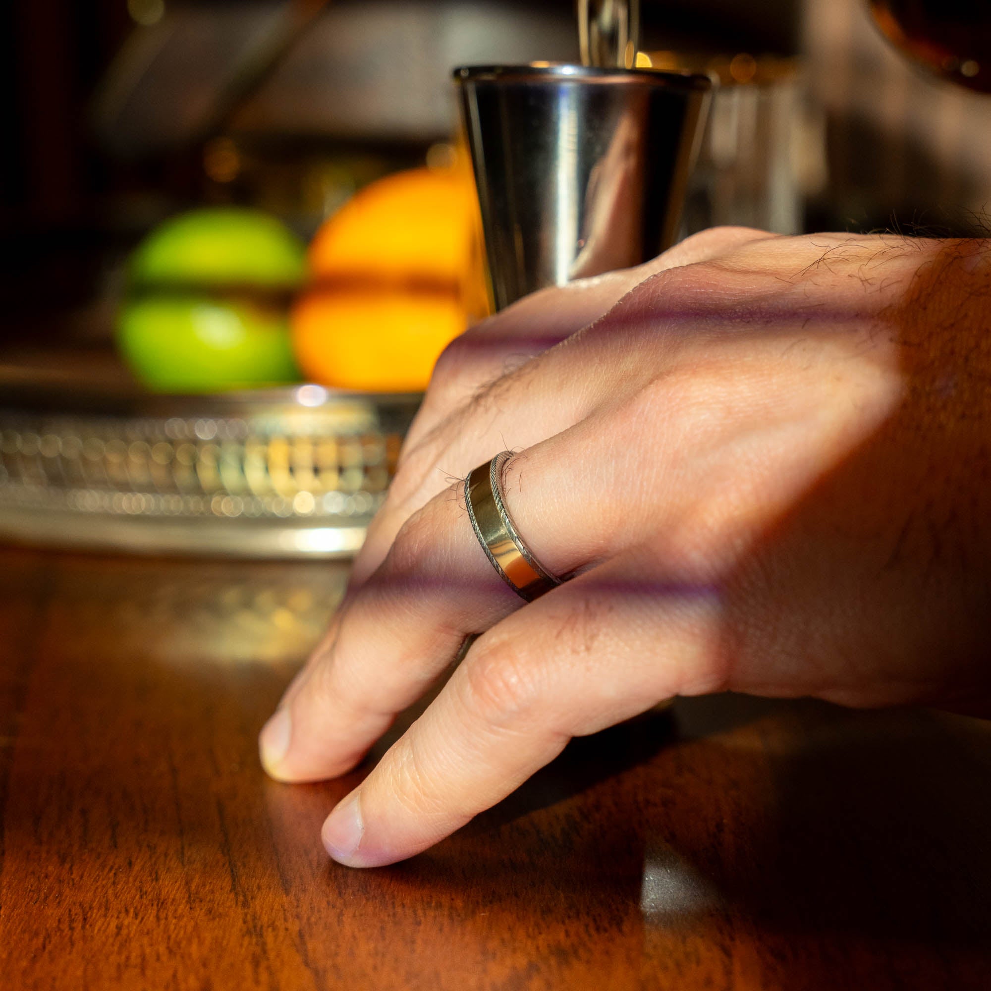 Stainless Damascus Wide Gold Inlay Ring