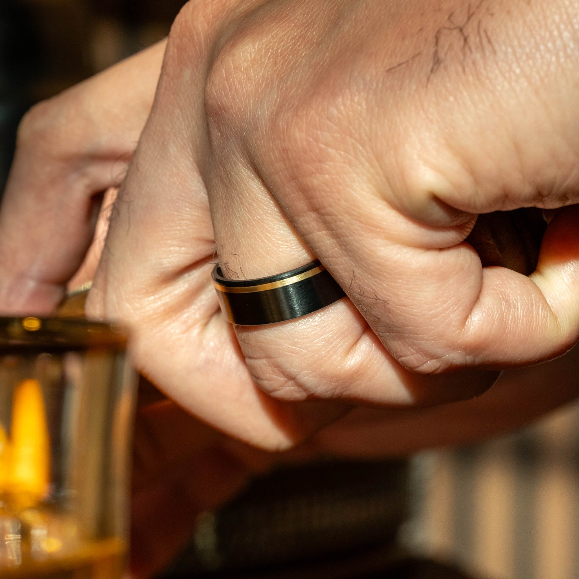 Black Titanium Offset Vertical Gold Inlay Ring