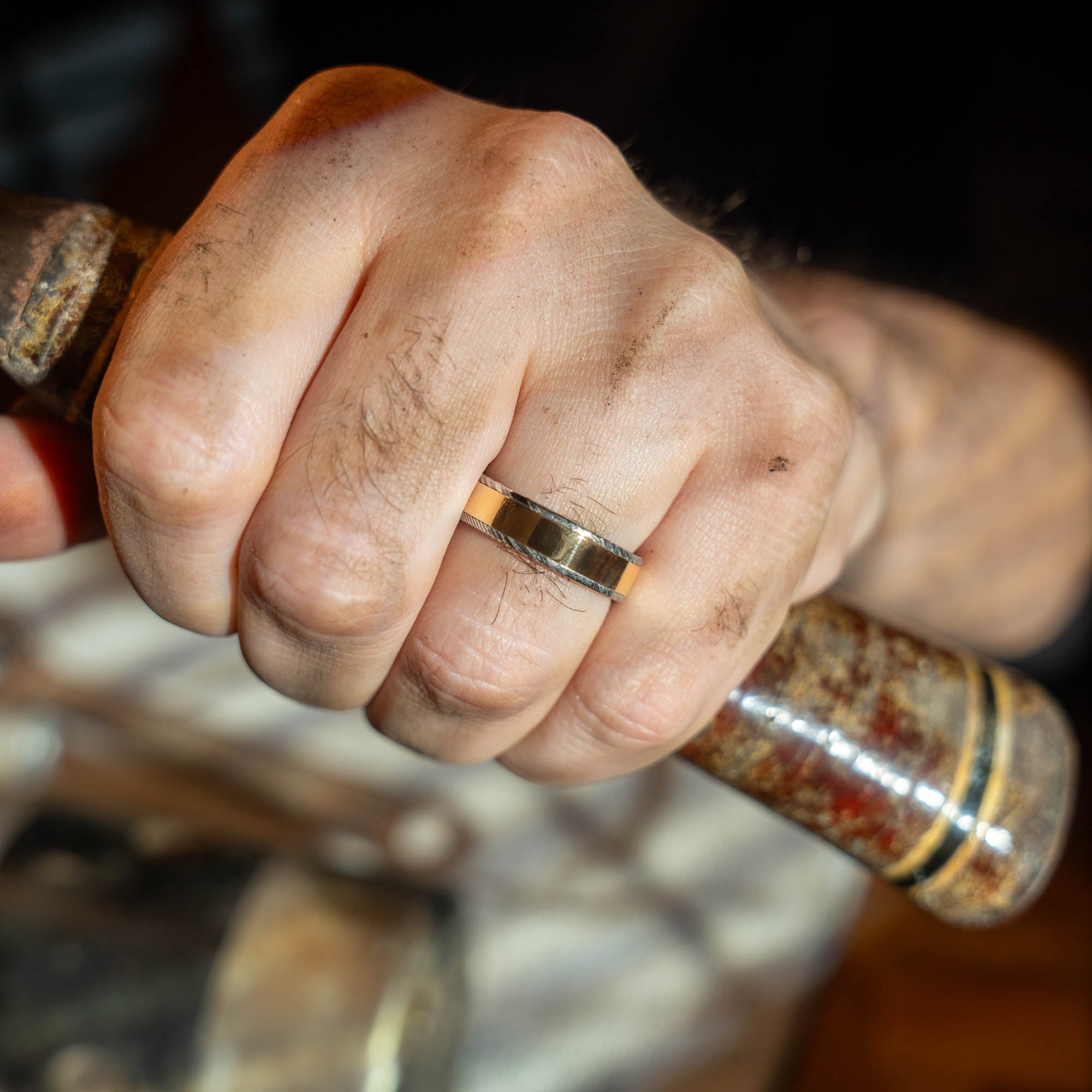 Stainless Damascus Wide Gold Inlay Ring