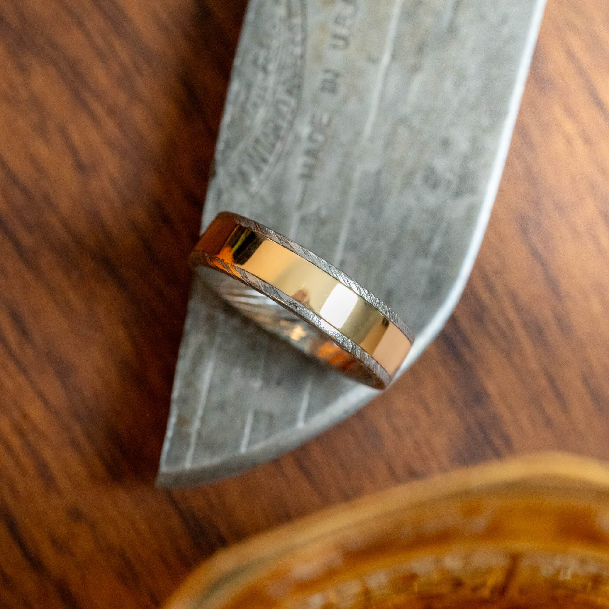 Stainless Damascus Wide Gold Inlay Ring