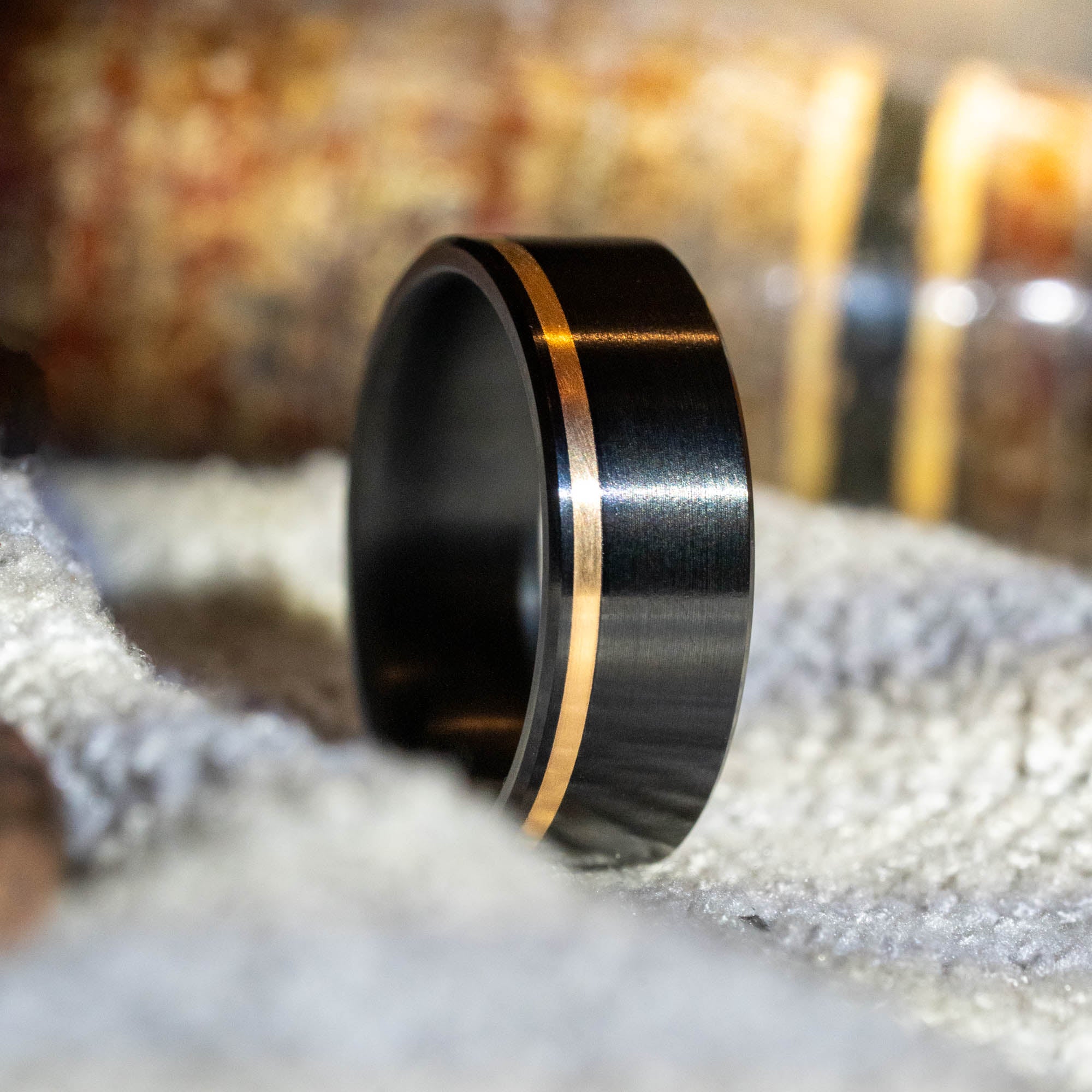 Black Titanium Offset Vertical Gold Inlay Ring