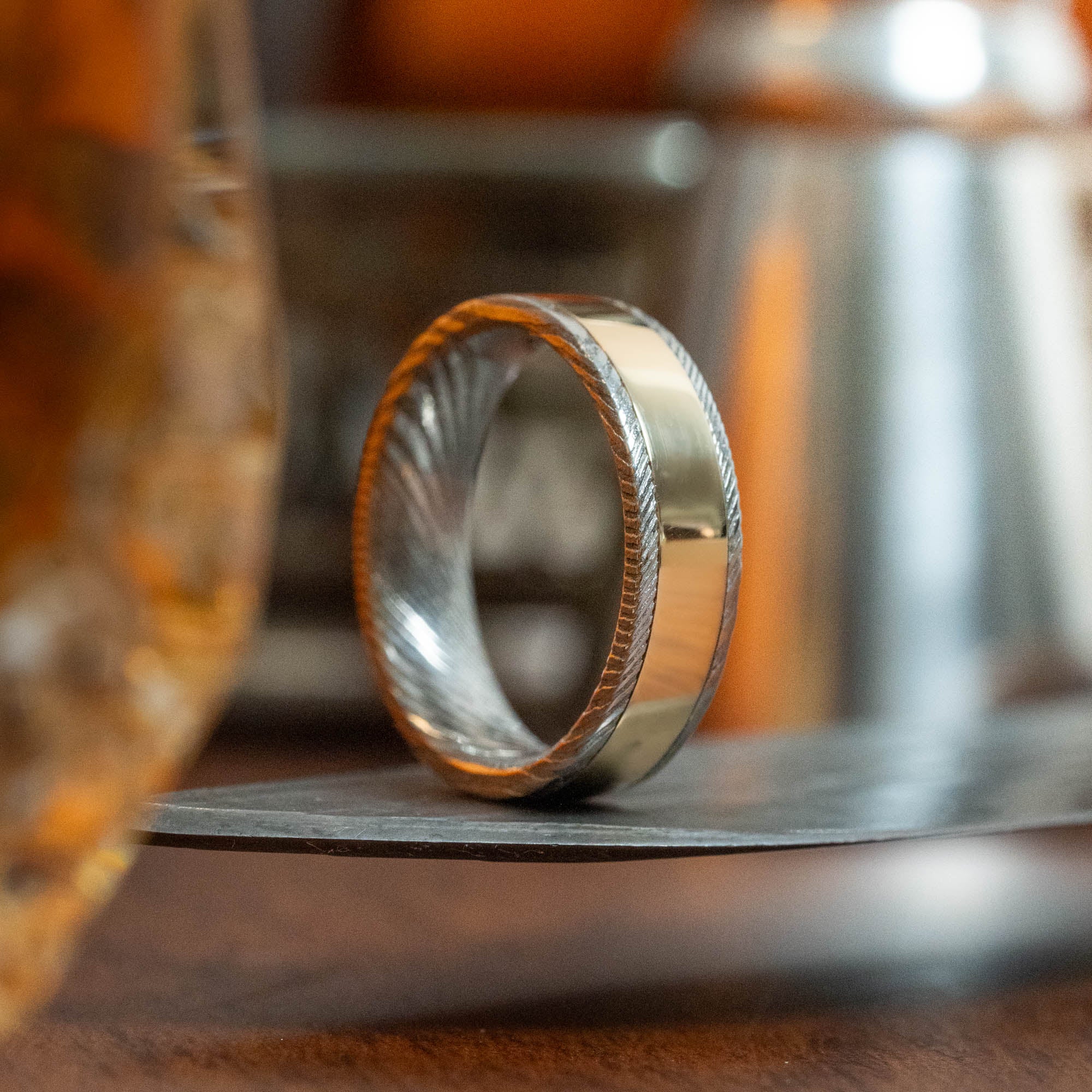 Stainless Damascus Wide Gold Inlay Ring
