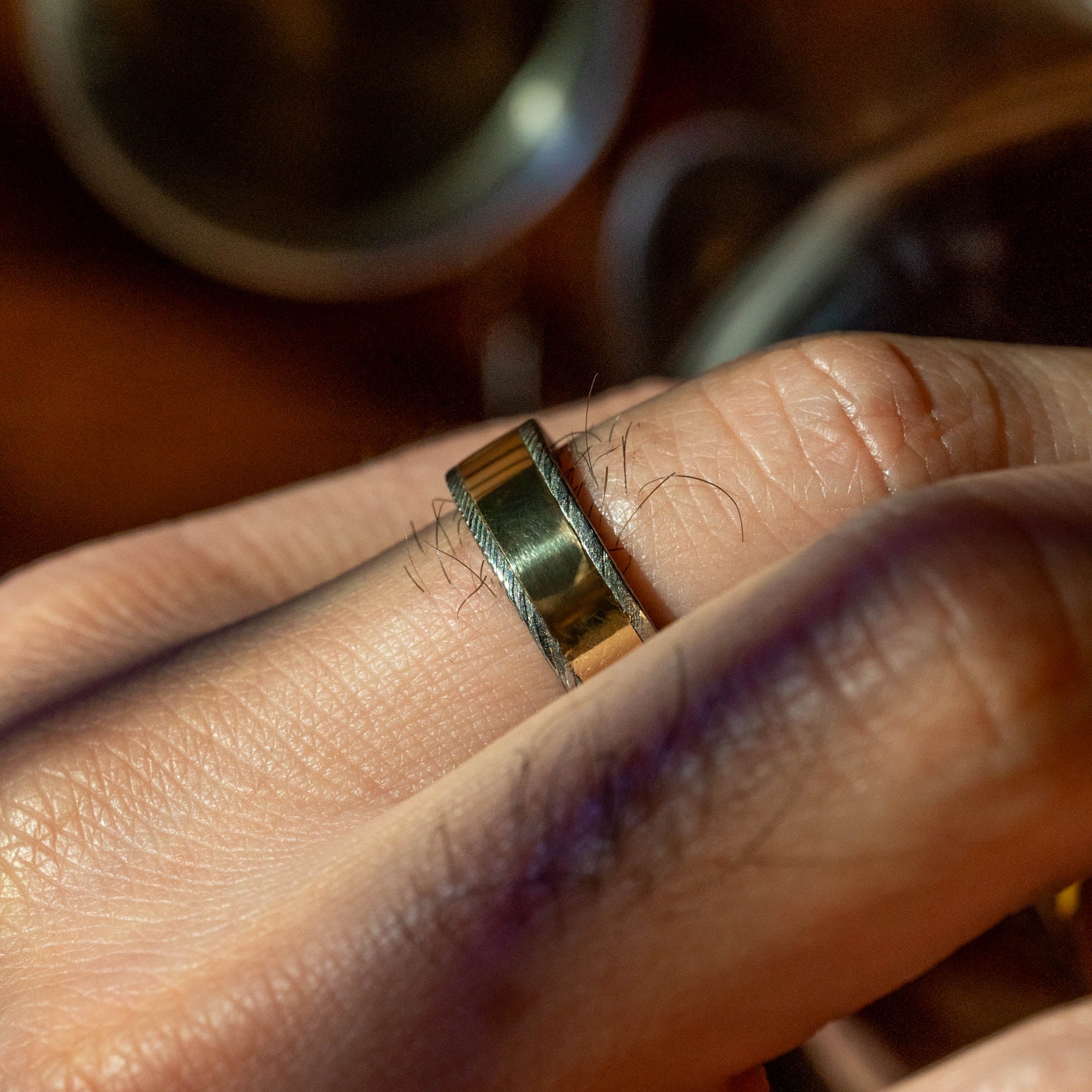 Stainless Damascus Wide Gold Inlay Ring