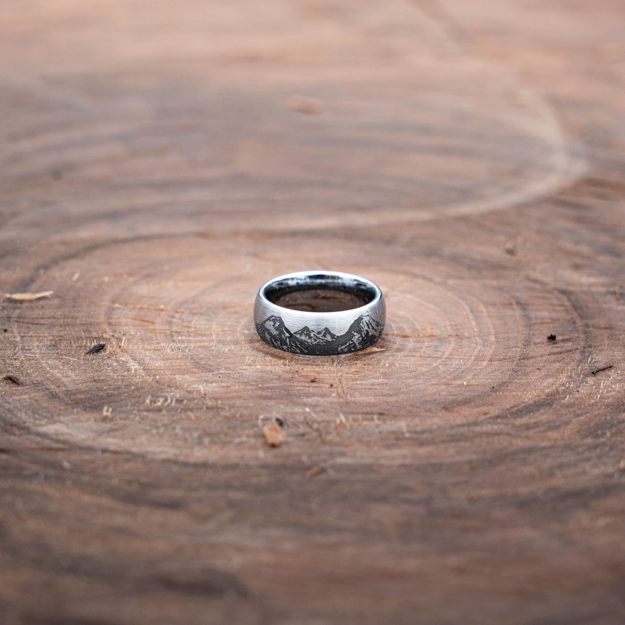 Domed Tungsten Engraved Cascade Range | Pacific Northwest Mountain Ring