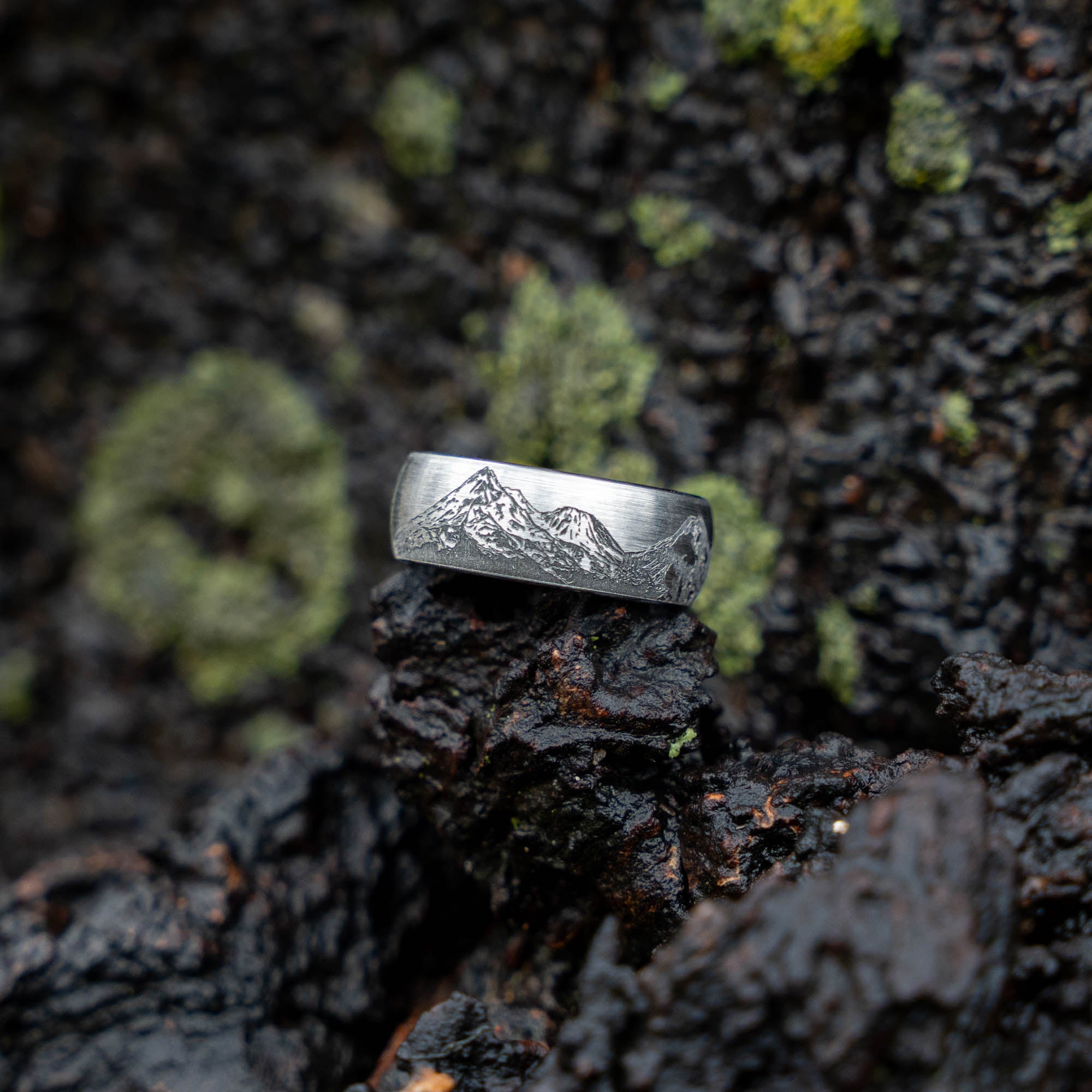Domed Tungsten Engraved Cascade Range | Pacific Northwest Mountain Ring