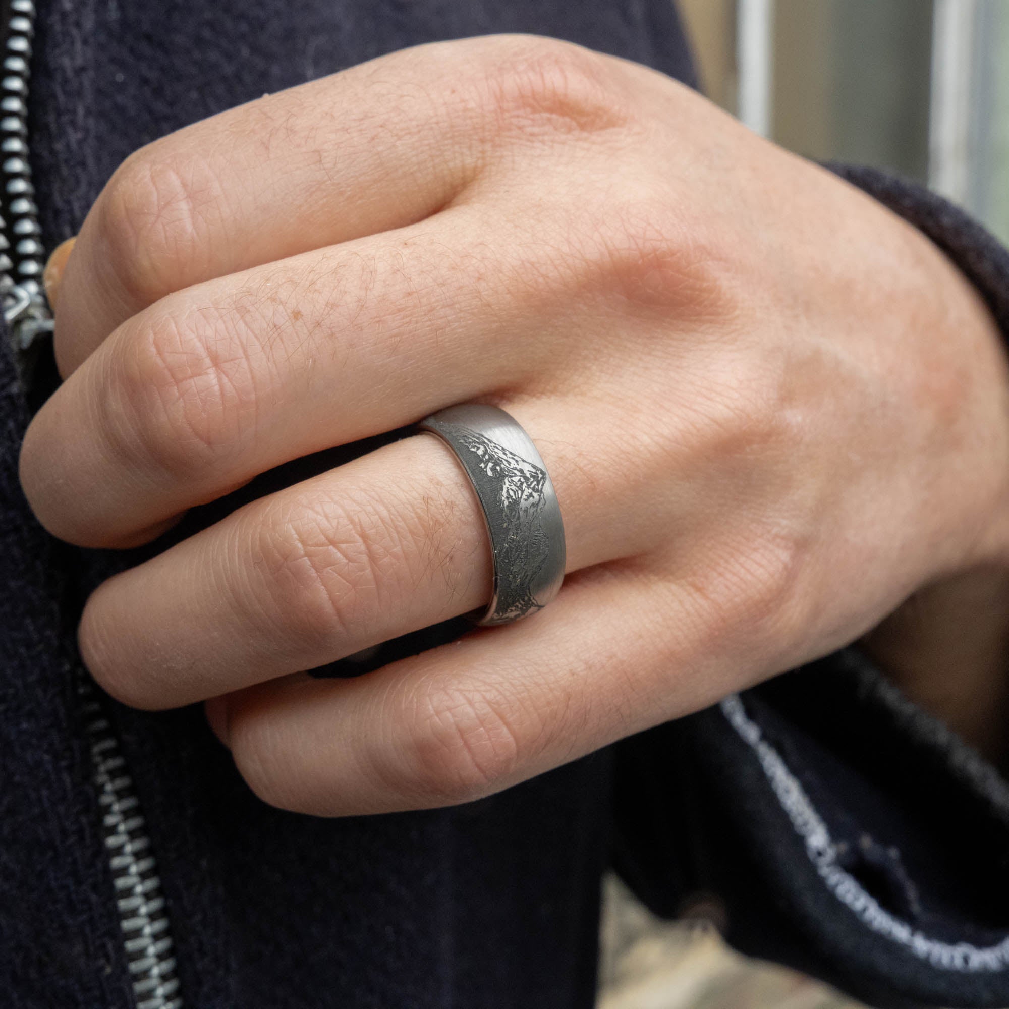 Domed Tungsten Engraved Cascade Range | Pacific Northwest Mountain Ring