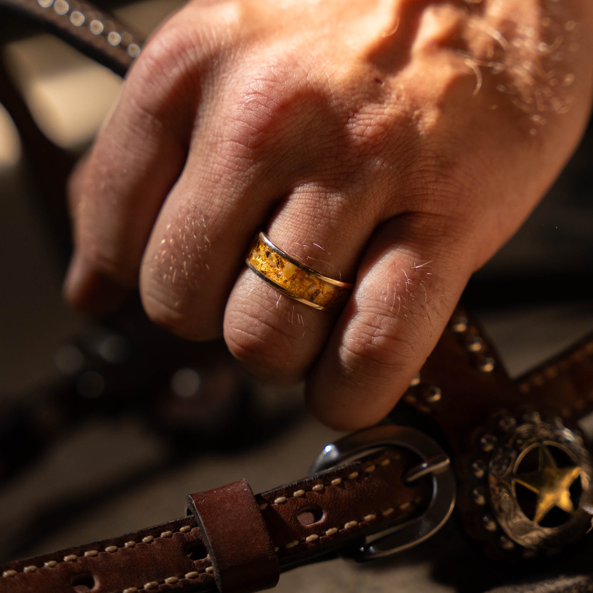 Gold Fossilized Amber Inlay Ring