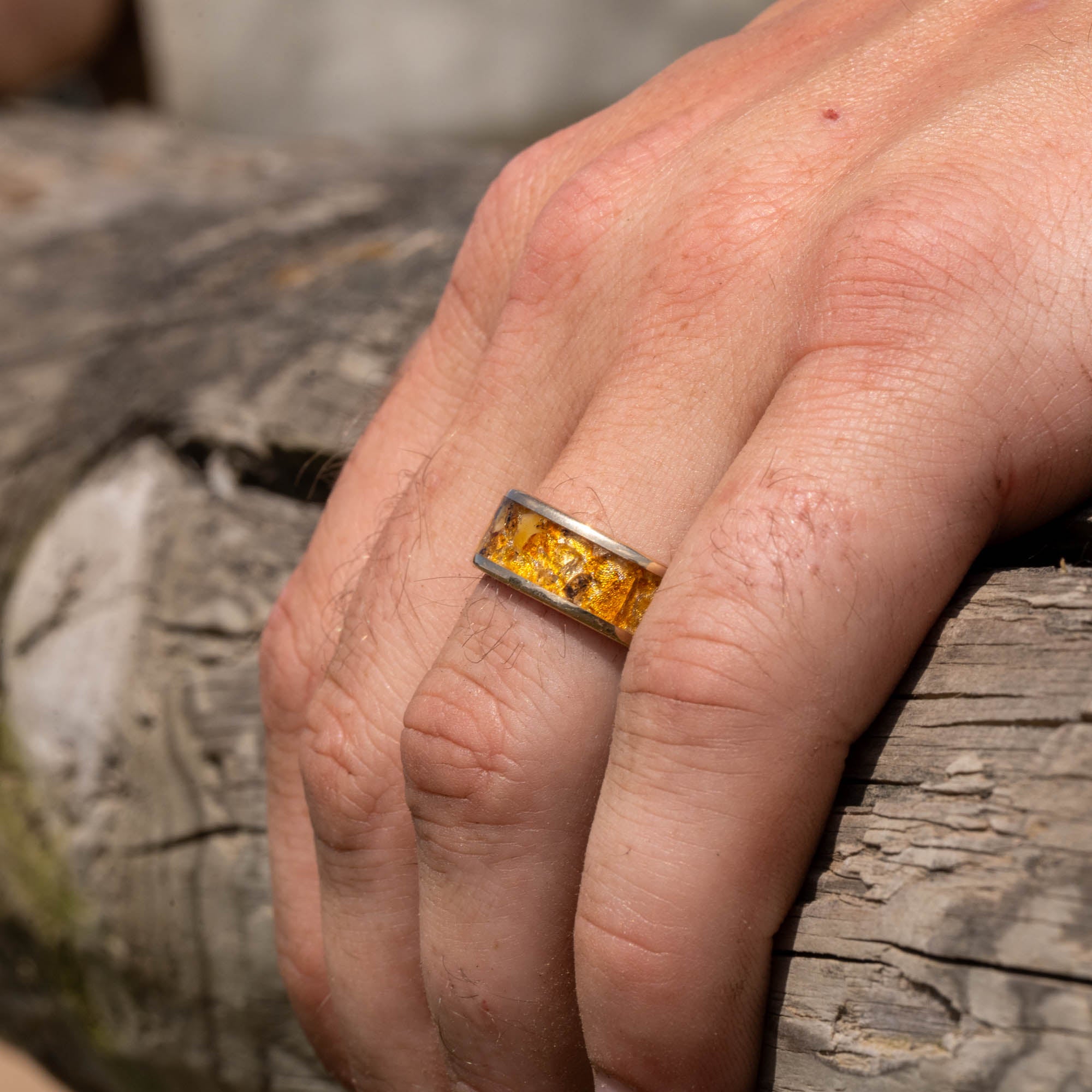 Gold Fossilized Amber Inlay Ring