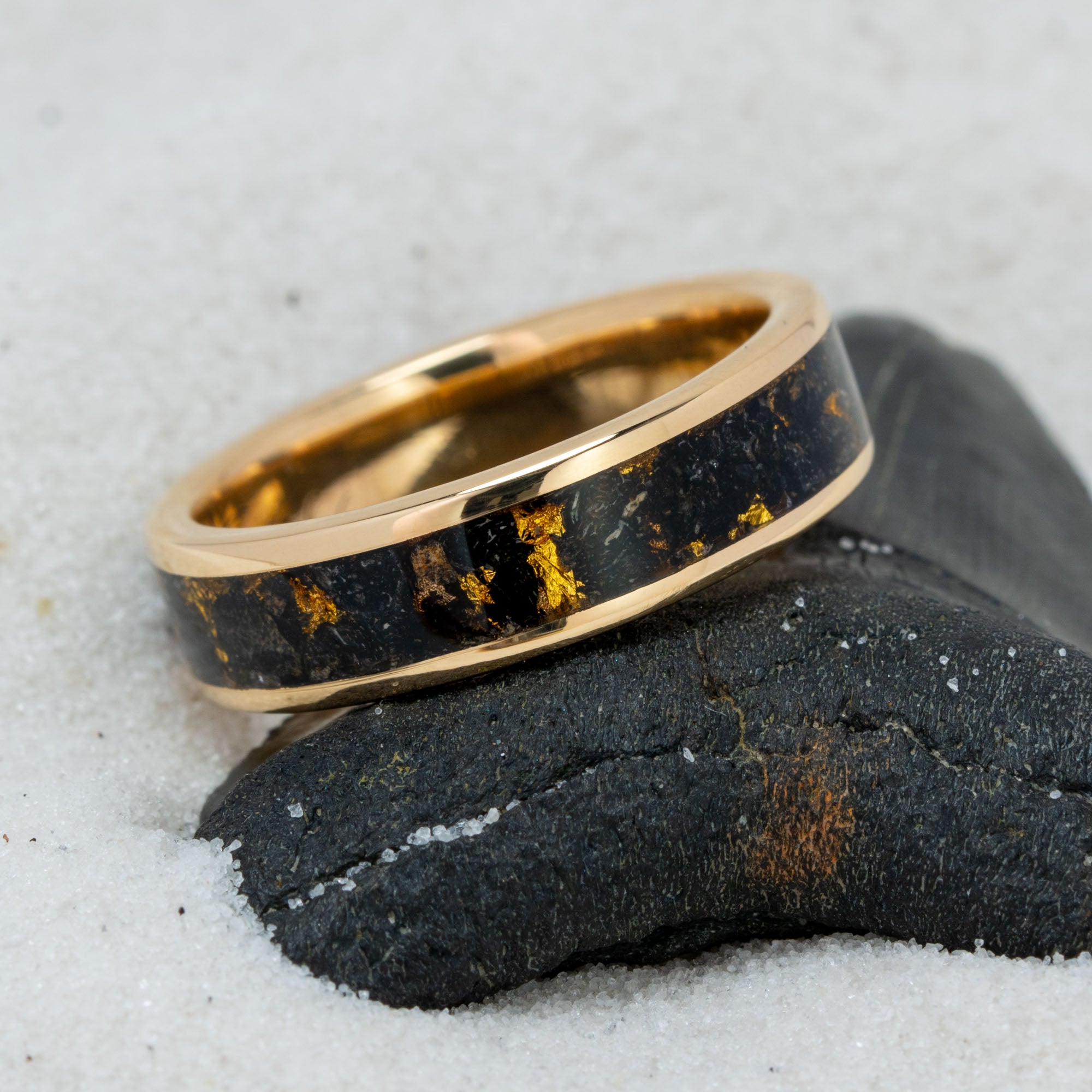 Gold Megalodon Shark Tooth & Gold Leaf Inlay Ring