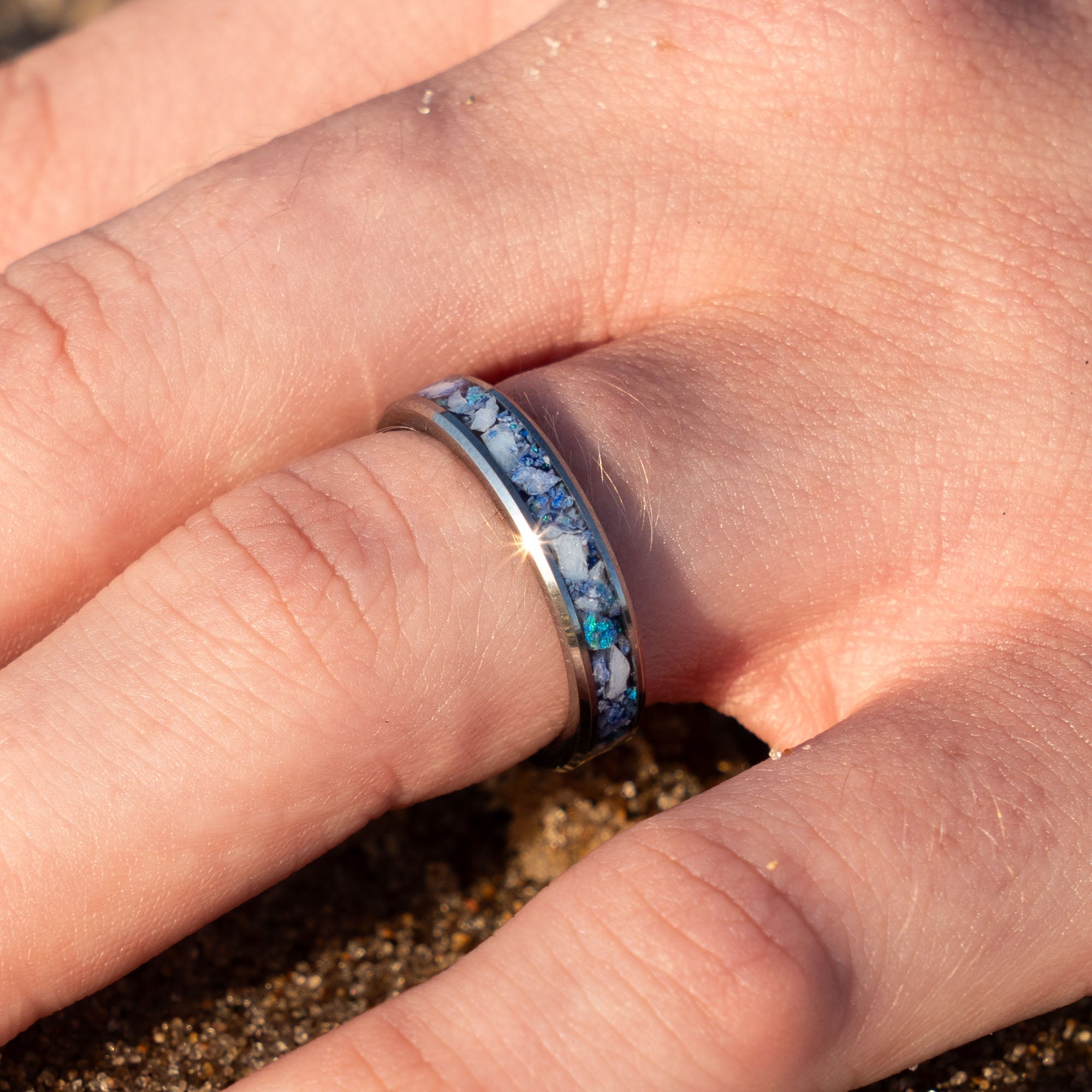 Thin Titanium Lapis Lazuli & Oweh Opal Inlay Ring