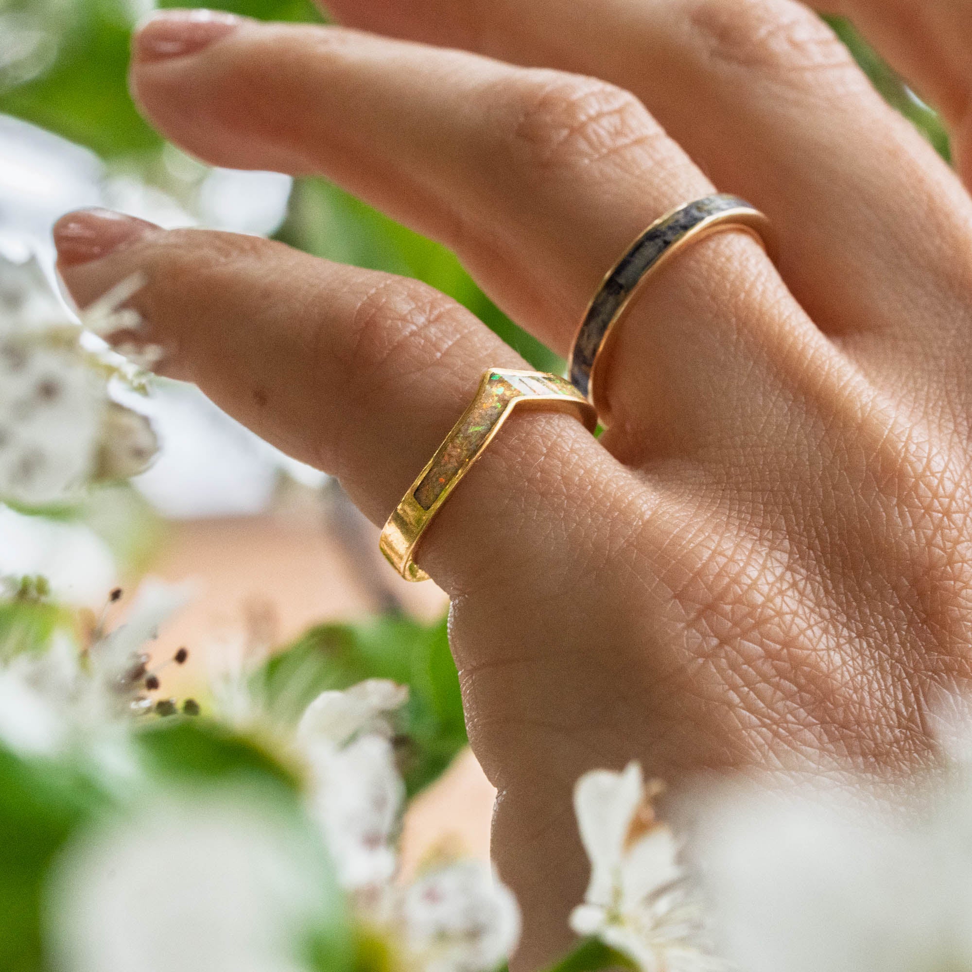 Thin Gold Chevron Pearl White Opal Inlay Ring