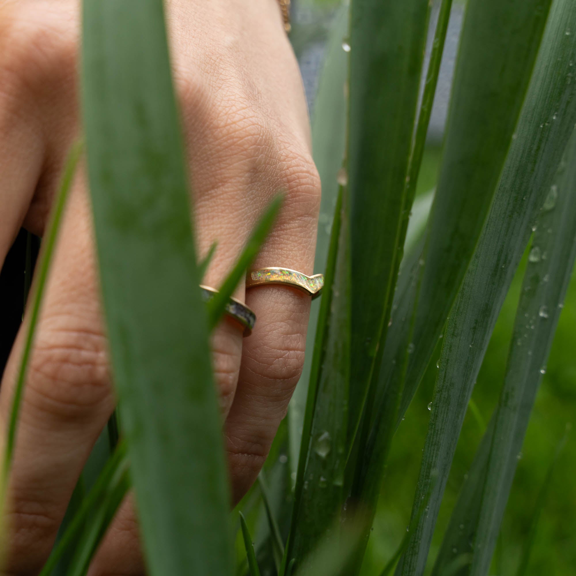 Thin Gold Chevron Pearl White Opal Inlay Ring