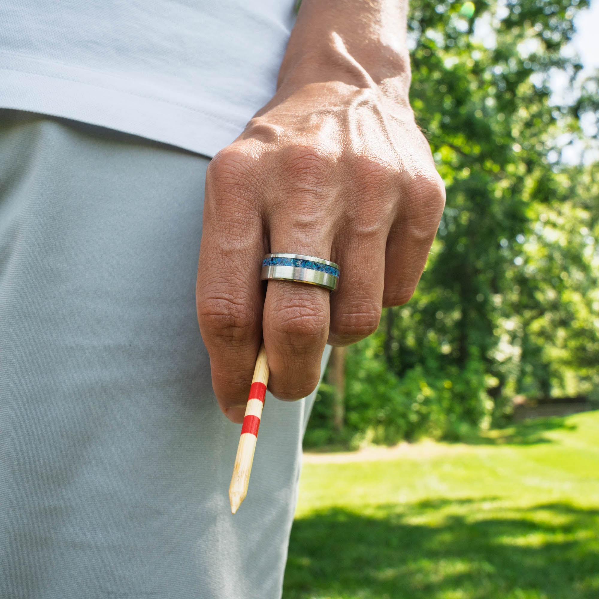 Titanium Sky Blue Opal Offset Ring