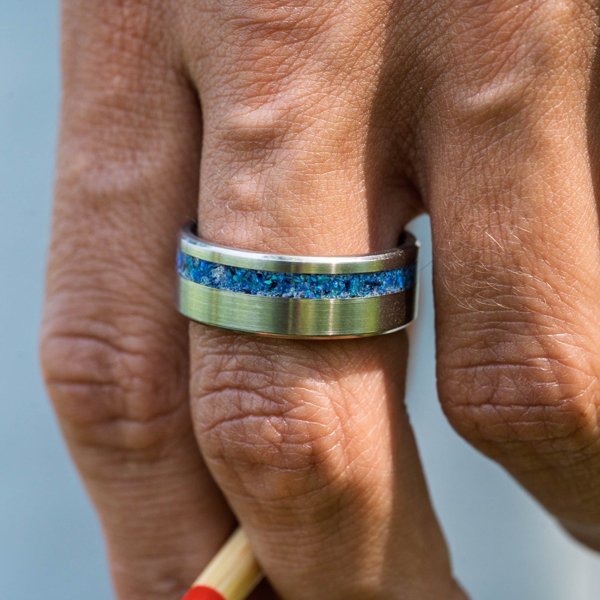 Titanium Sky Blue Opal Offset Ring