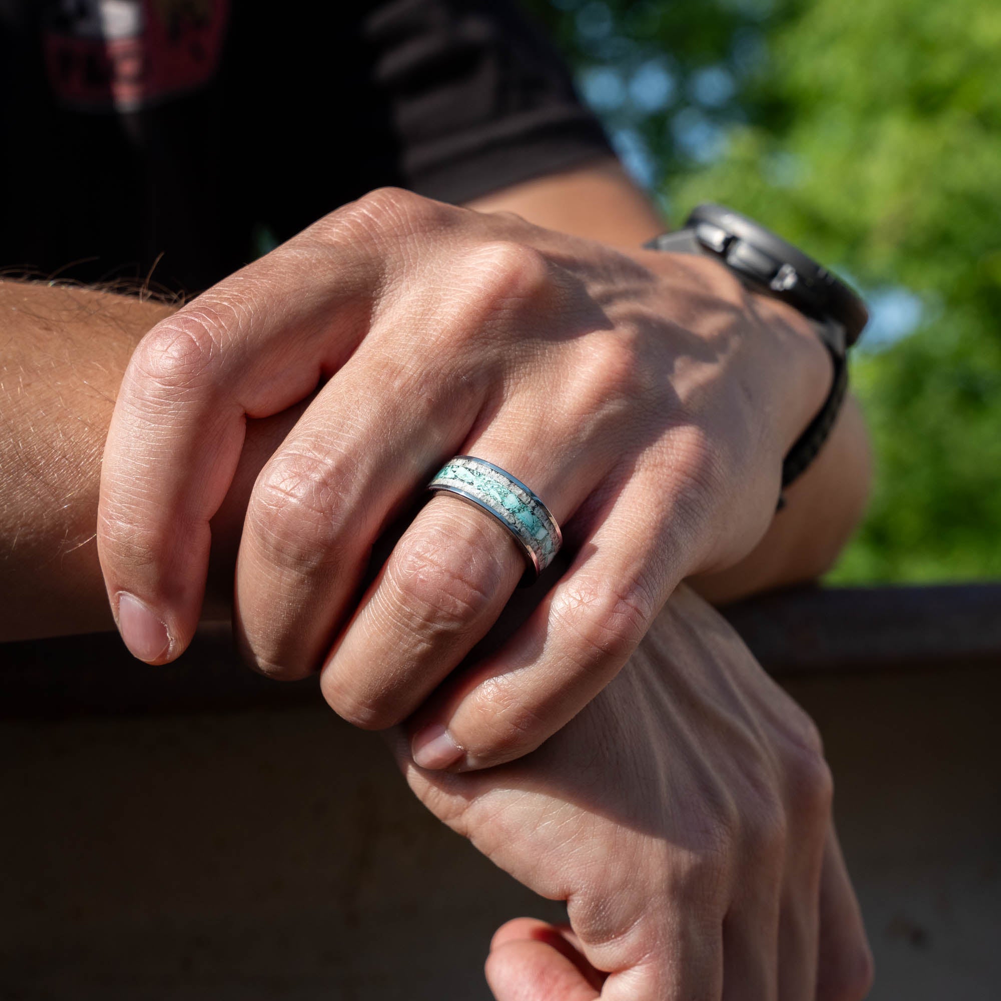 Tungsten Elk Antler & Turquoise Inlay Ring