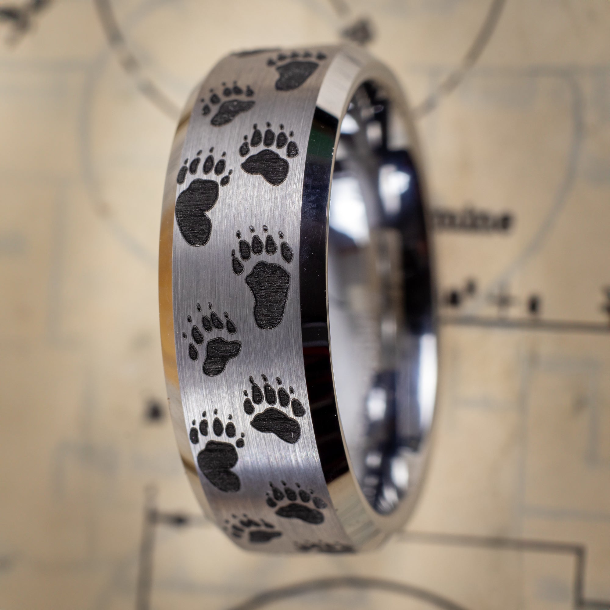 Beveled Tungsten Engraved Bear Tracks Ring