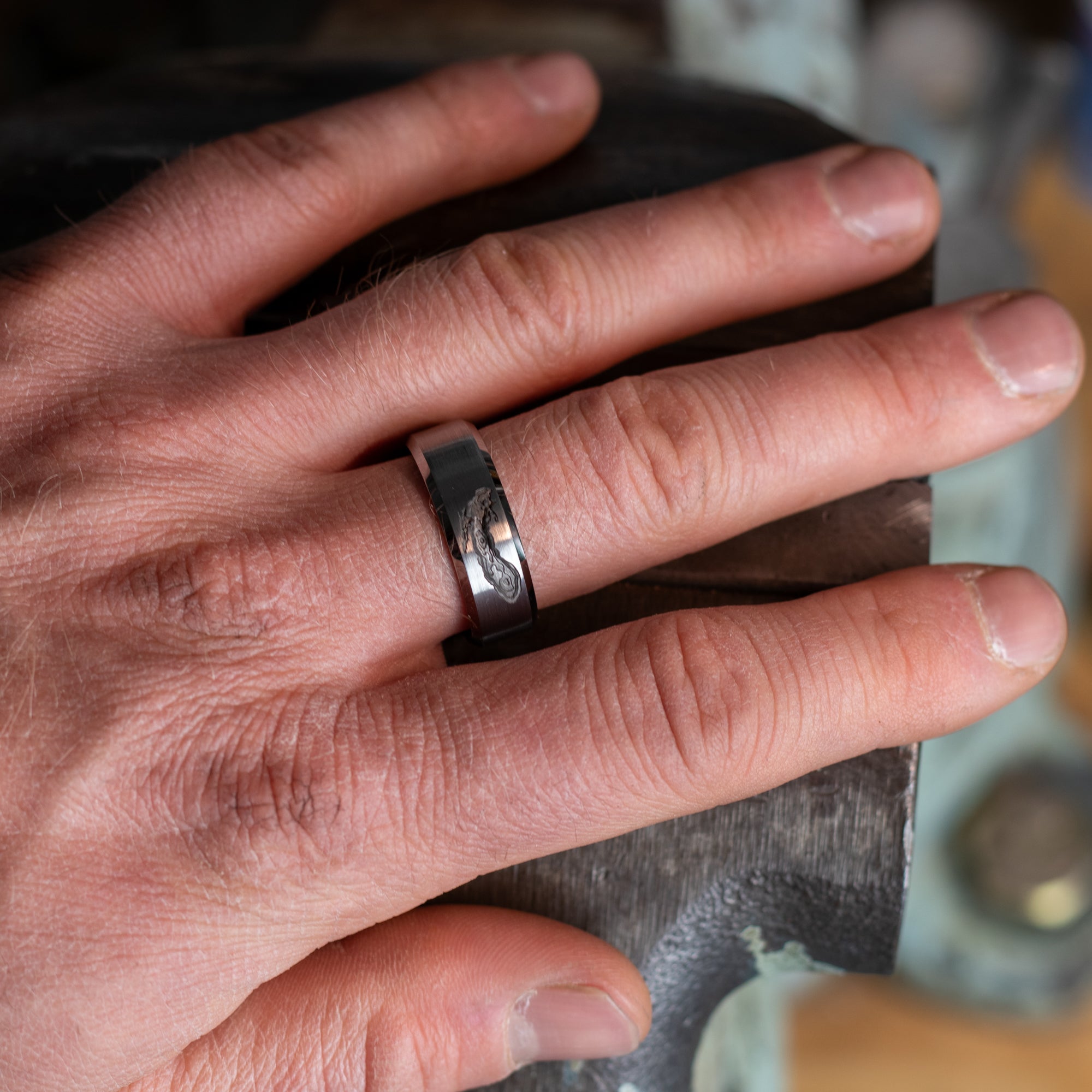 Beveled Tungsten Deep Engraved Lake Michigan Depths Ring