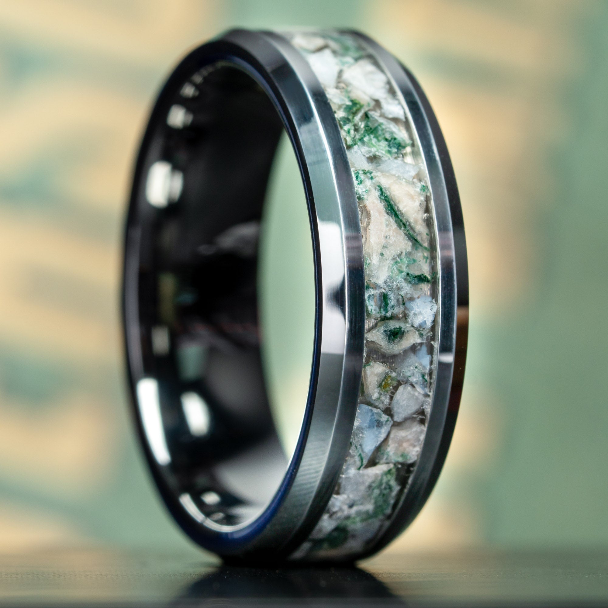 Beveled Tungsten Moss Agate Inlay Ring