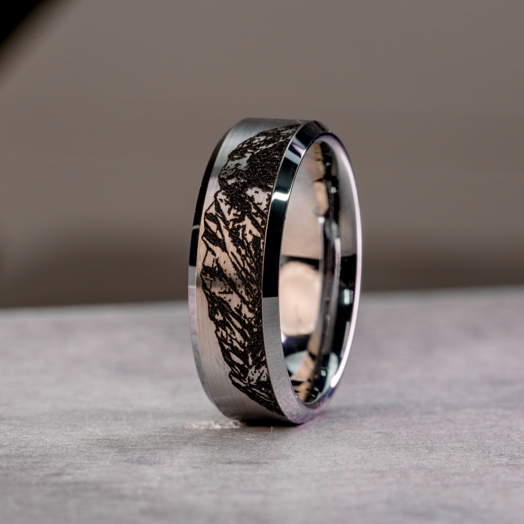Beveled Tungsten Engraved Mount Timpanogos Ring