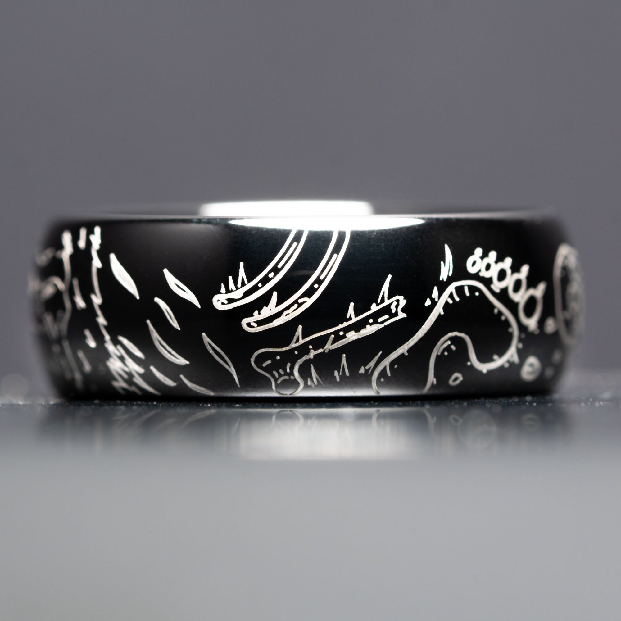 Black Domed Tungsten Engraved Sasquatch's Adventure Ring