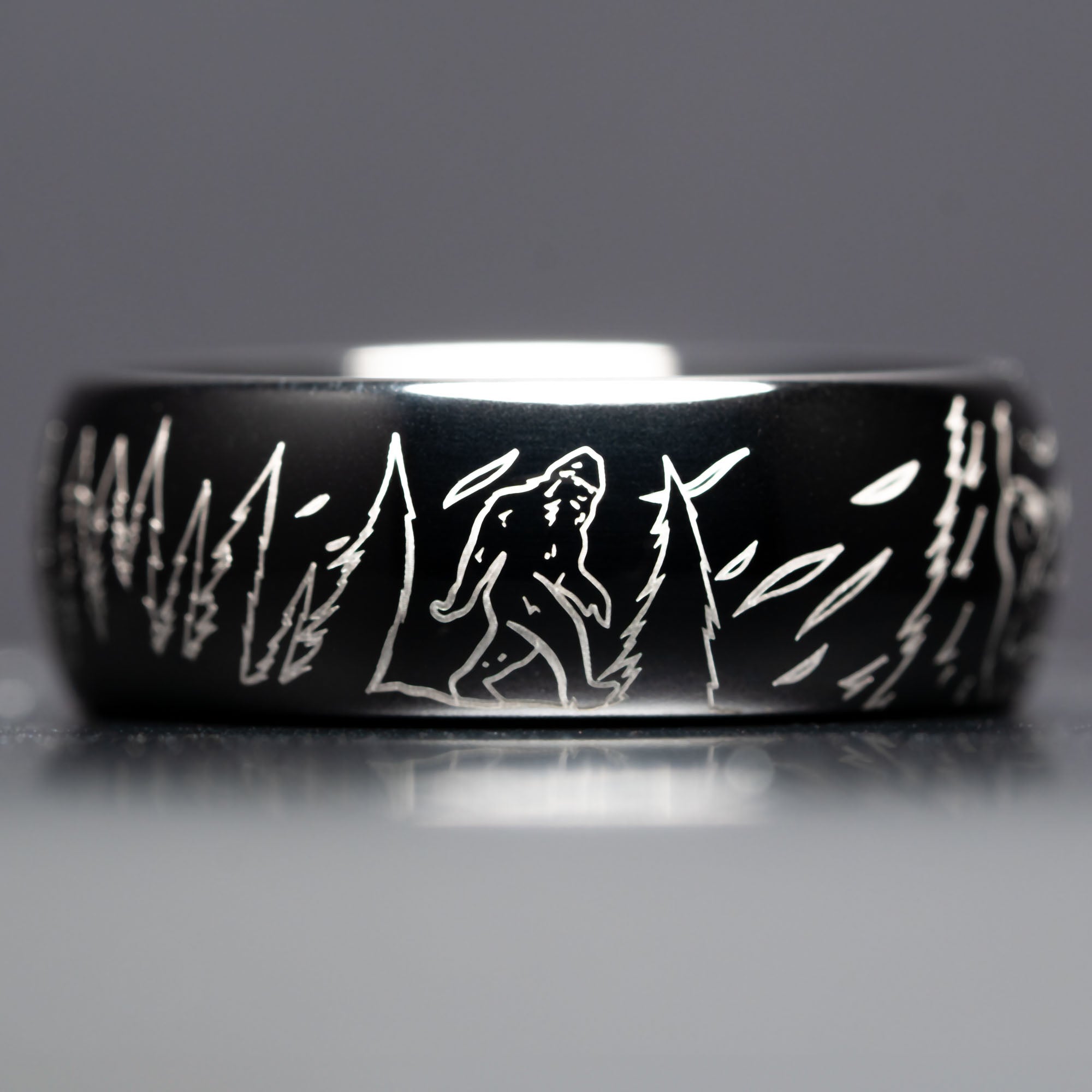 Black Domed Tungsten Engraved Sasquatch's Adventure Ring