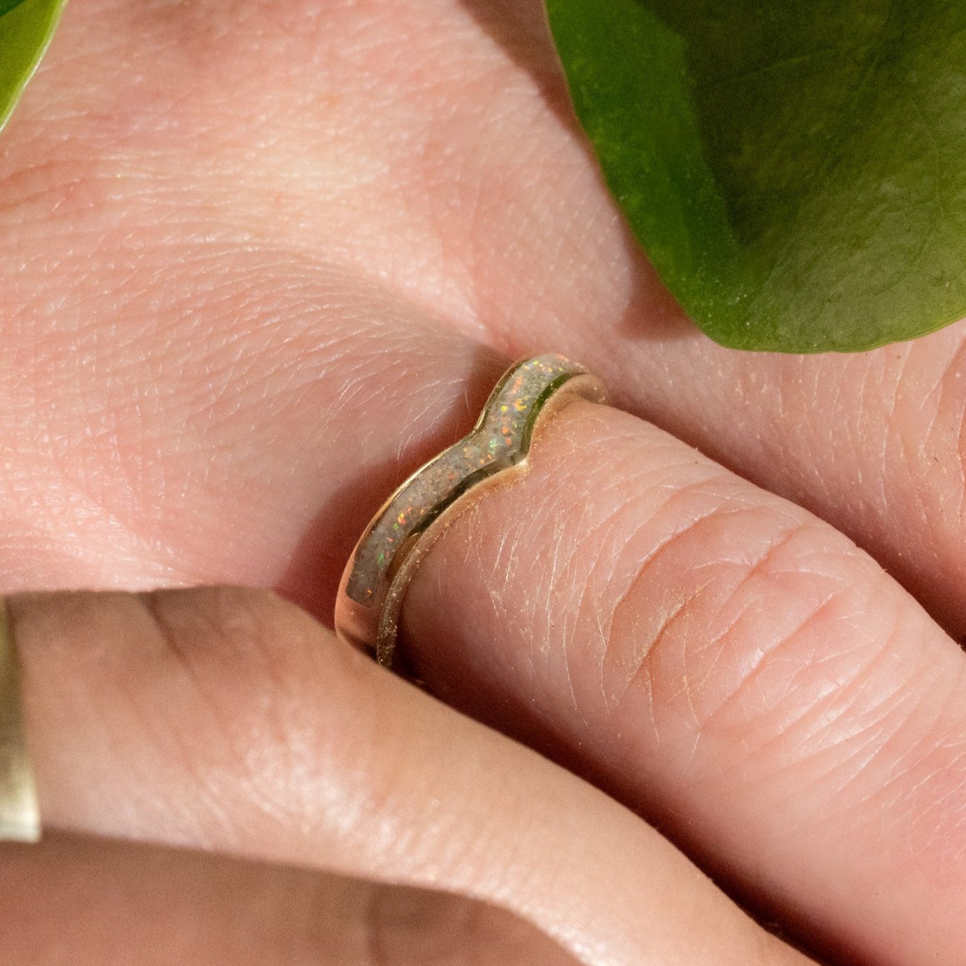 Thin Gold Chevron Pearl White Opal Inlay Ring