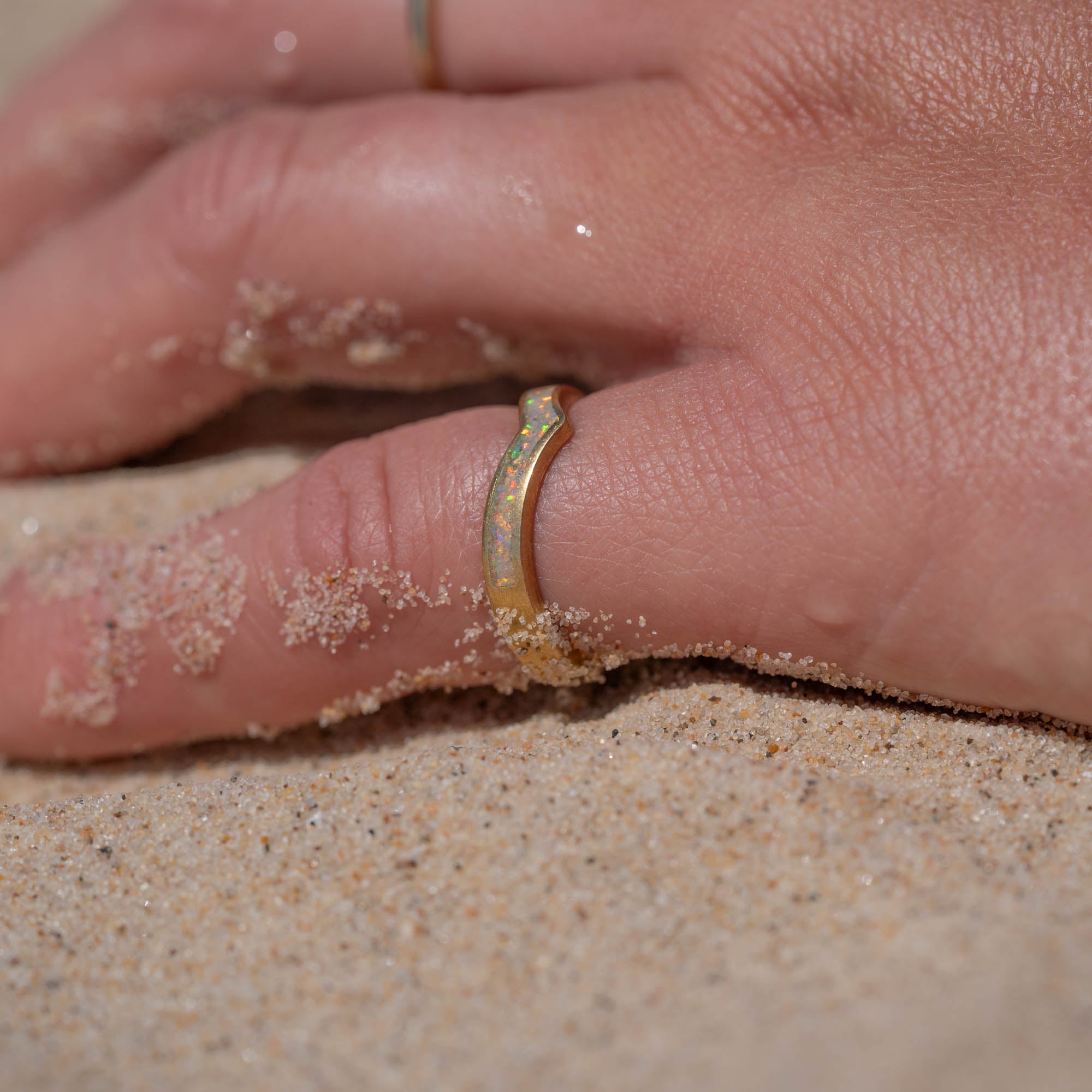 Thin Gold Chevron Pearl White Opal Inlay Ring