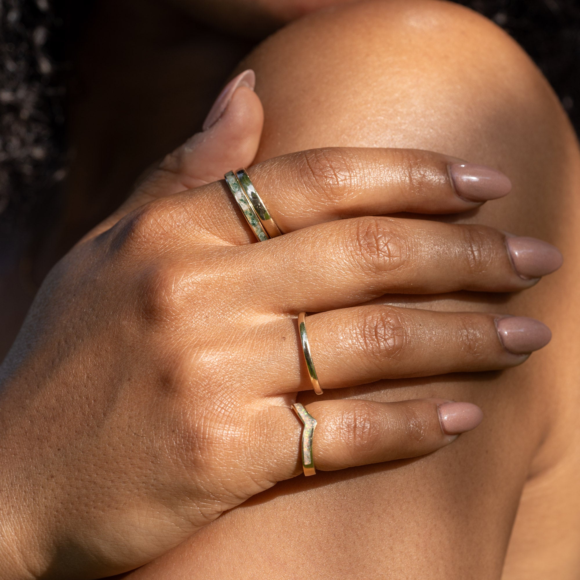 Thin Gold Chevron Pearl White Opal Inlay Ring